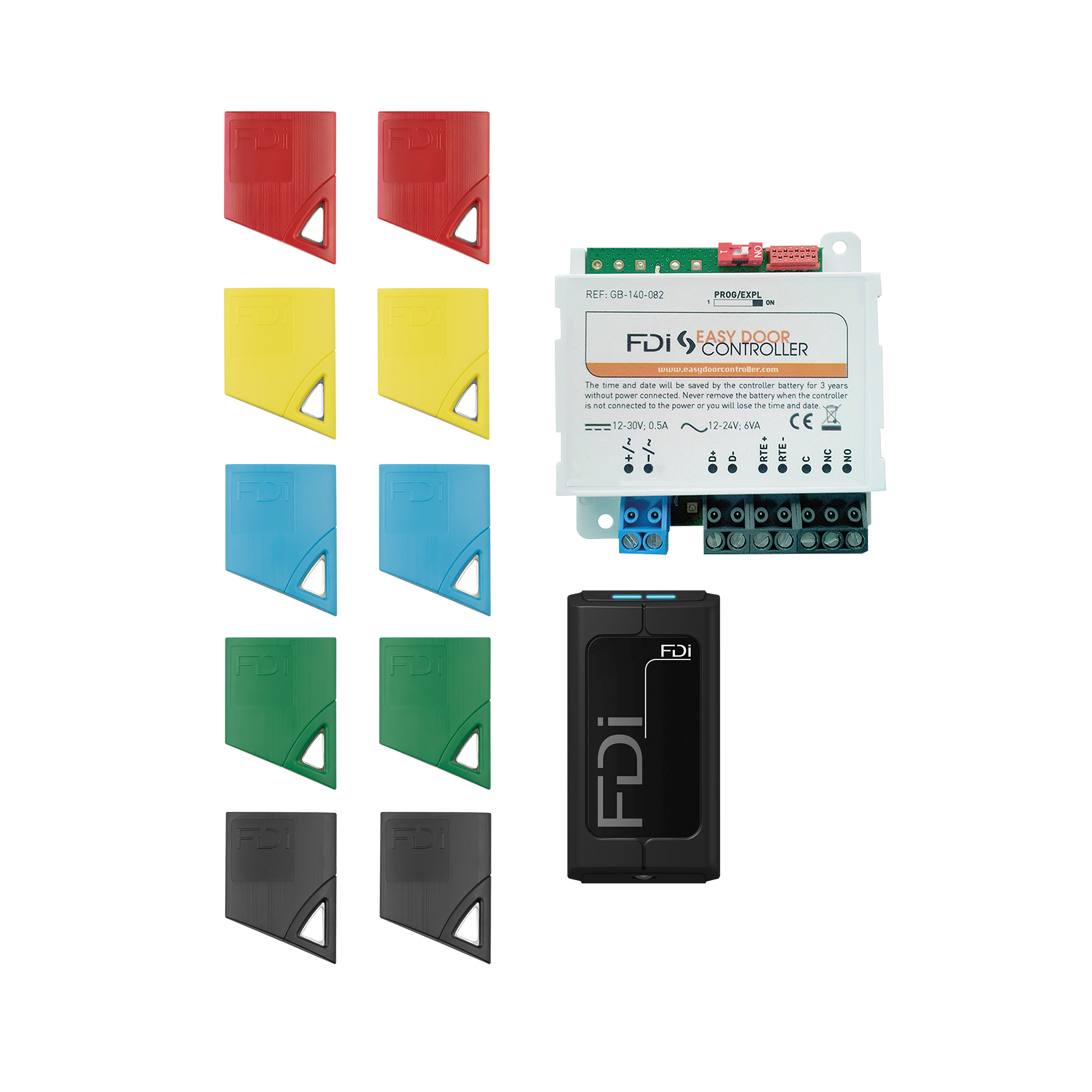 Set mit FDI Easy Door Controller, schwarzem Lesegerät und zehn farbigen Näherungsschlüsseln in 5 verschiedenen Farben.