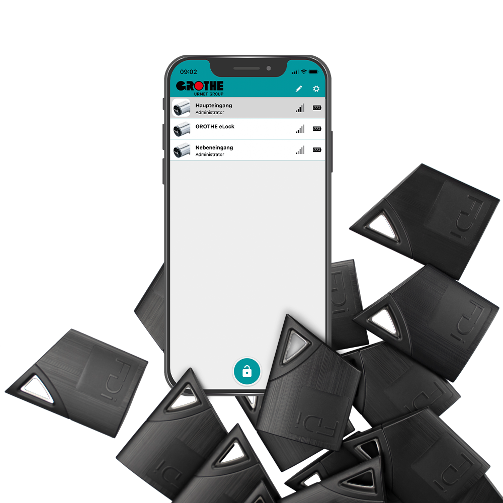 Smartphone-Display mit geöffneter eLock-App; drumherum liegen schwarze Näherungsschlüssel
