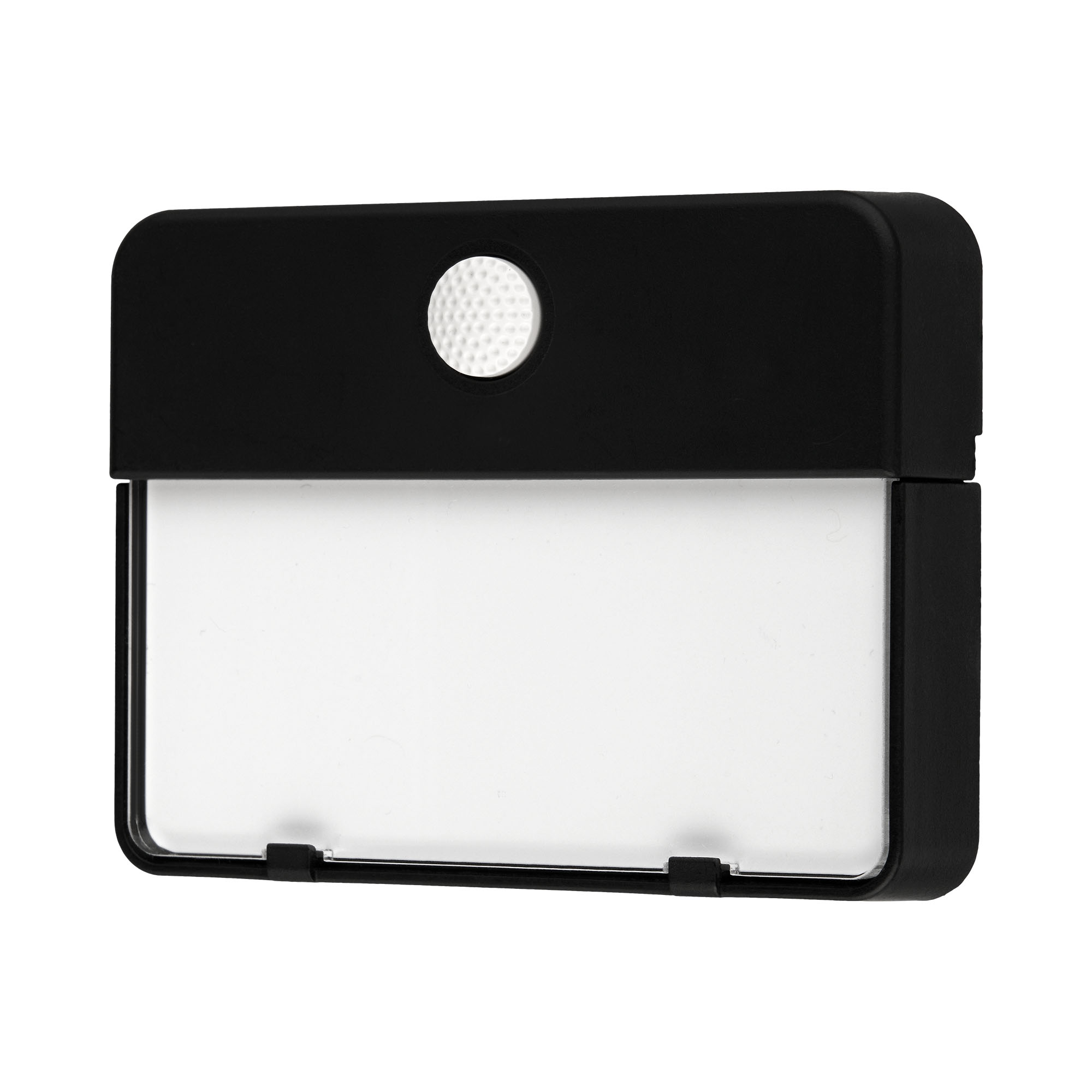 Schwarze Klingelplatte mit großem, beschriftbarem Namensfeld und weißer Taste mittig oben, frontal fotografiert.