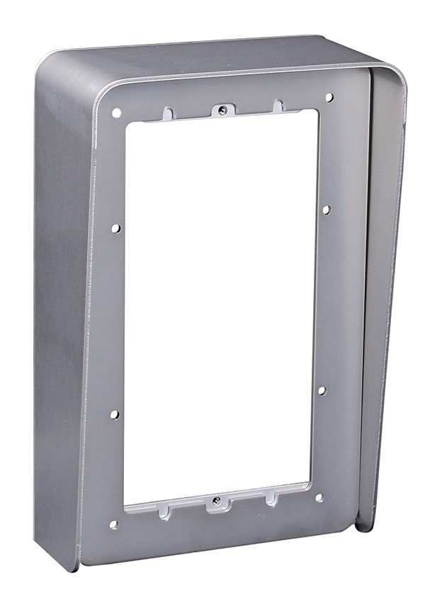 Rechteckige Wetterschutzhaube aus Metall für zwei Moduleinheiten mit länglicher Aussparung und seitlichem Überstand.