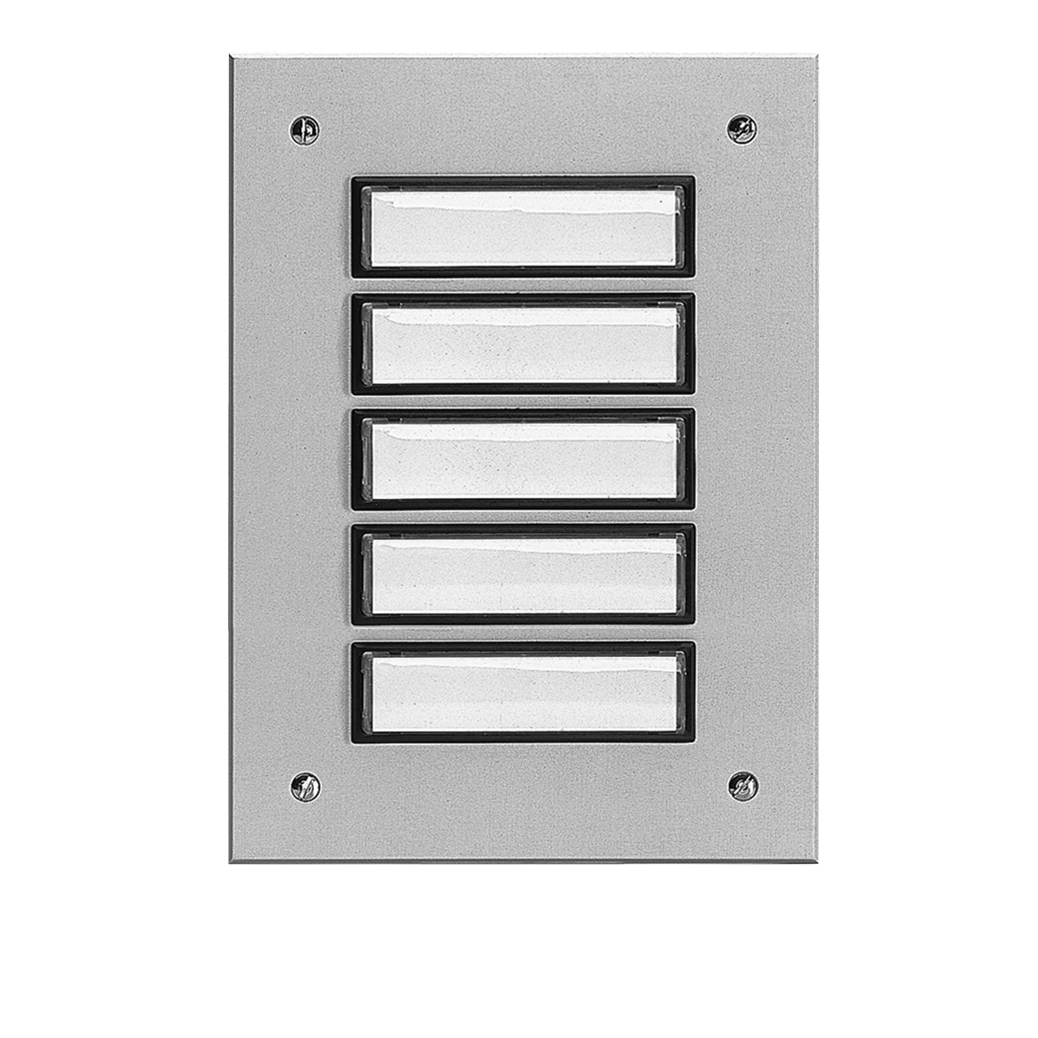 Rechteckige Etagenplatte mit fünf Namensfeldern und vier Schrauben, silber eloxierte Aluminiumplatte, Frontalansicht.