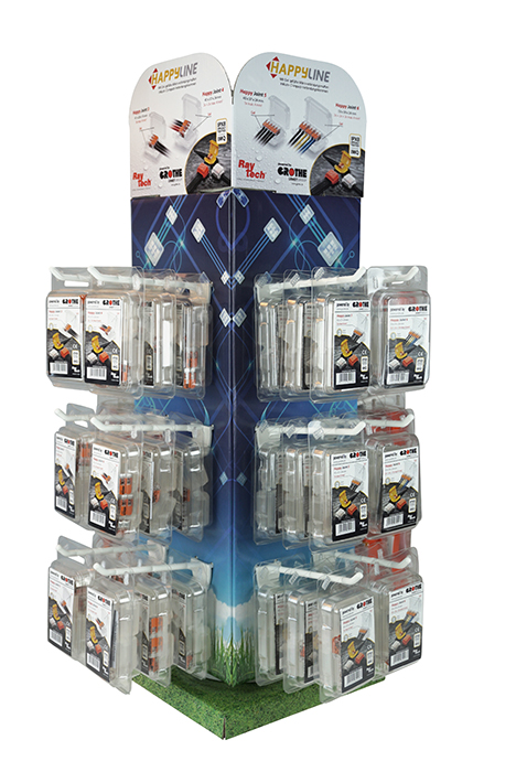 Raytech Thekenaufsteller mit rechts und links einigen aufgehängten Produkten