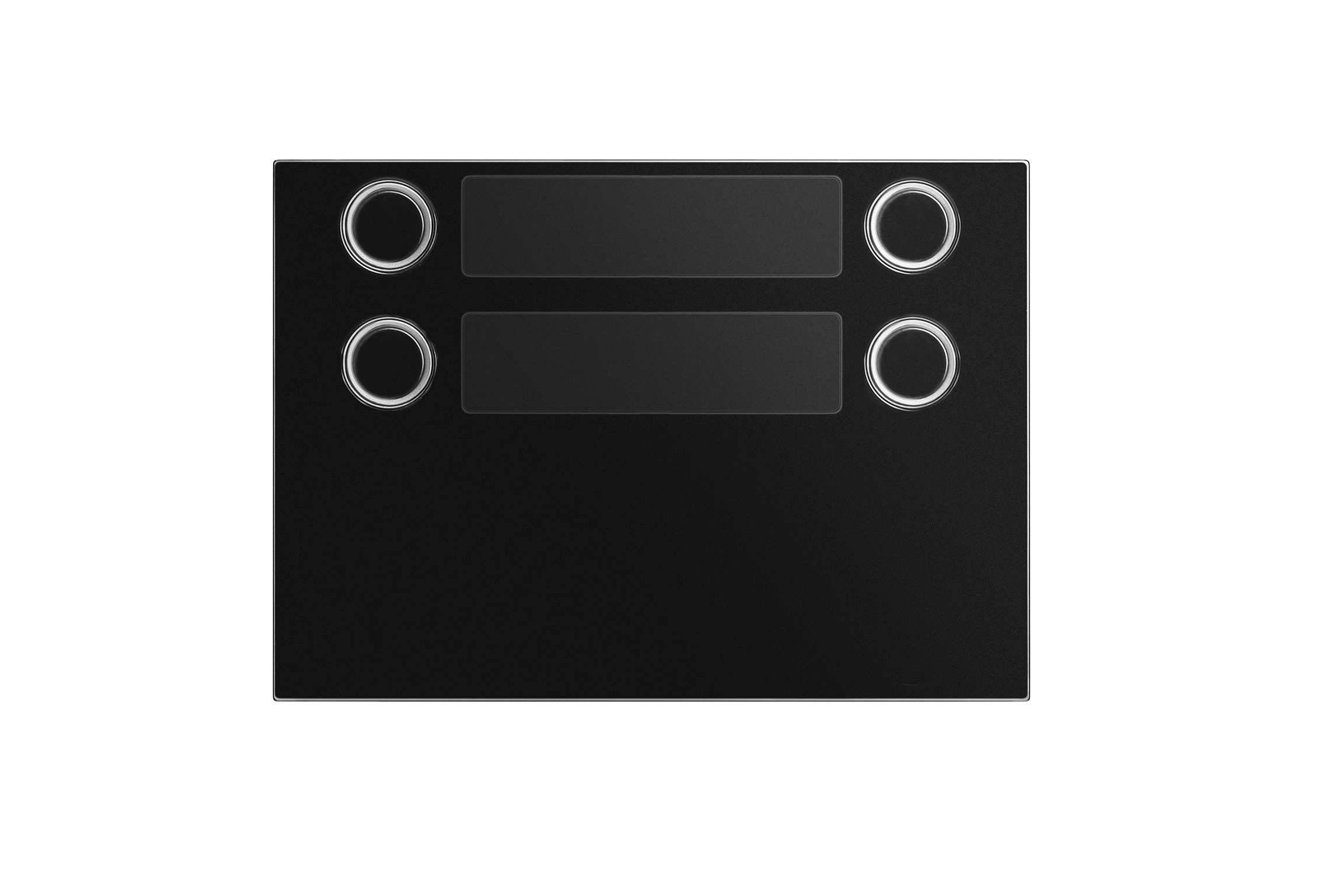 Schwarzes Namensschild-Modul mit zwei Namensfeldern und zwei runden Klingeltastern jeweils links und rechts.