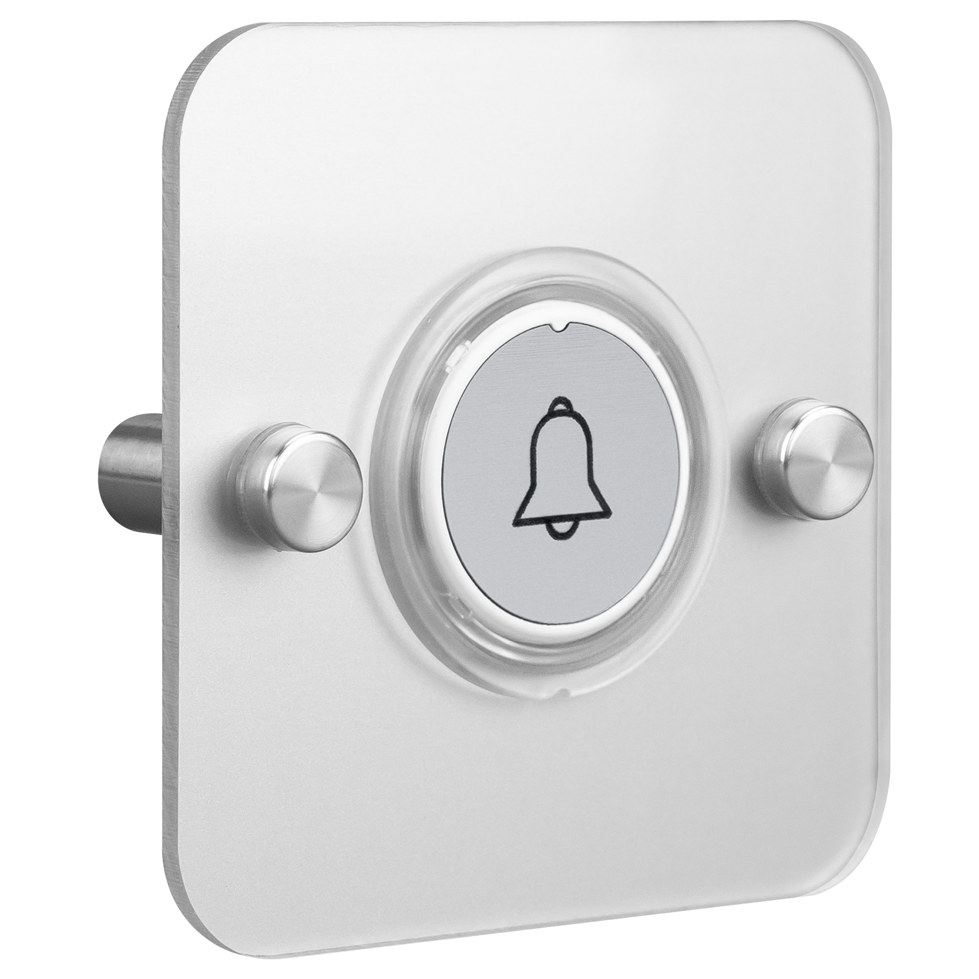Funksender mit silberner Acrylblende, runder Taste mit Glockensymbol und seitlichen Edelstahlhalterungen, Aufputzmontage.