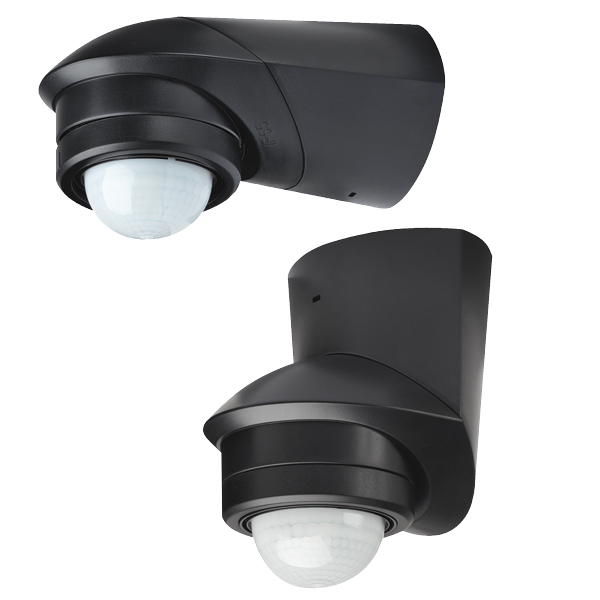 Schwarzer Bewegungsmelder, dargestellt für Decken- und Wandmontage