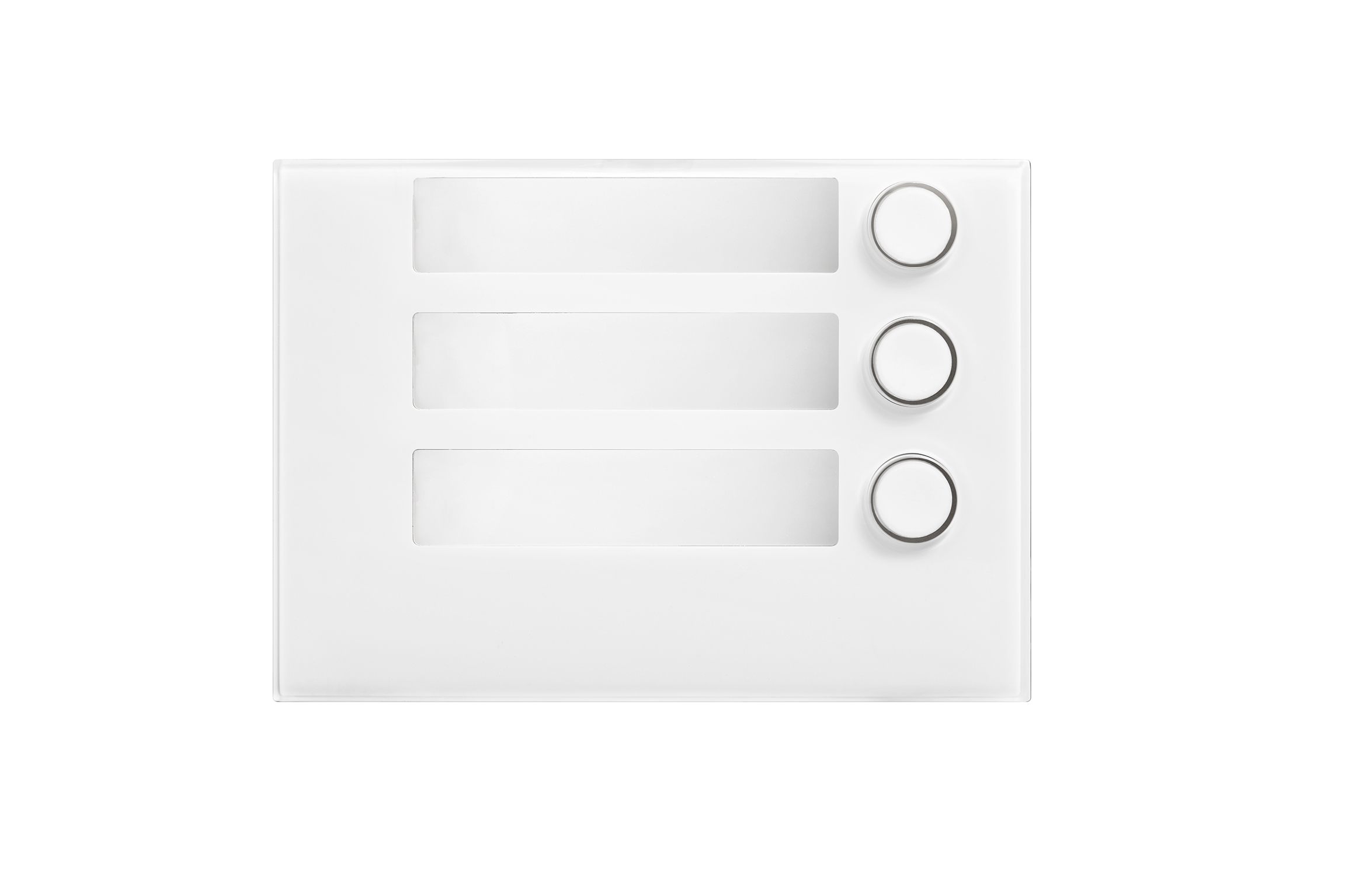 Weißes Namensschild-Modul mit drei Namensfeldern und drei runden Klingeltastern rechts.