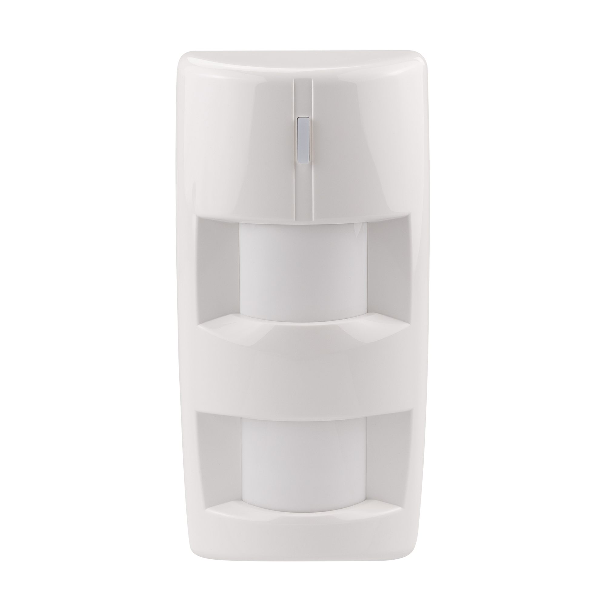 Weißer Dual-Bewegungsmelder mit zwei übereinander angeordneten Sensorfeldern und LED-Anzeige