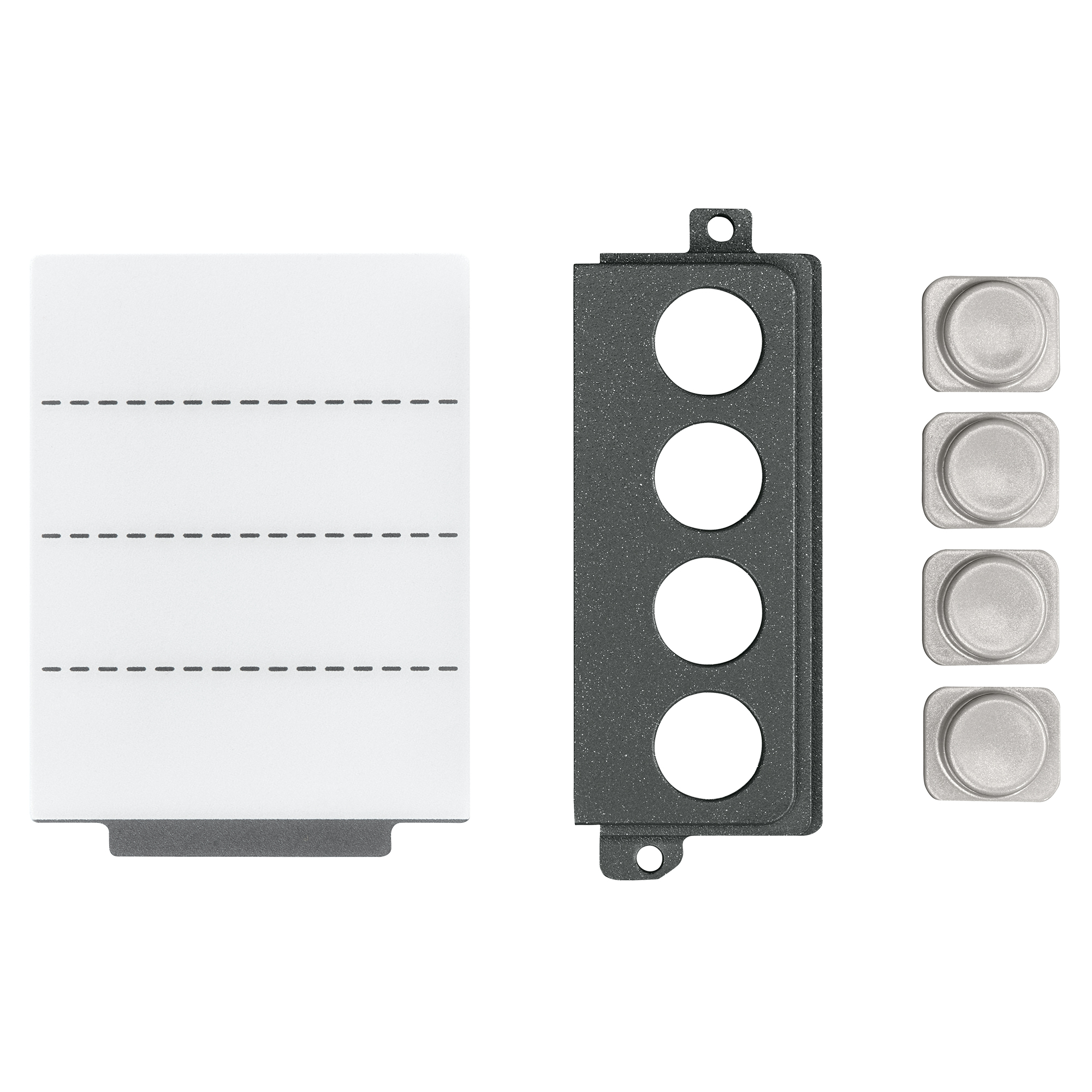 Drei Bauteile für Türstation mit drei Tastern: Namensschild, Frontplatte mit drei Öffnungen, drei runde Taster.