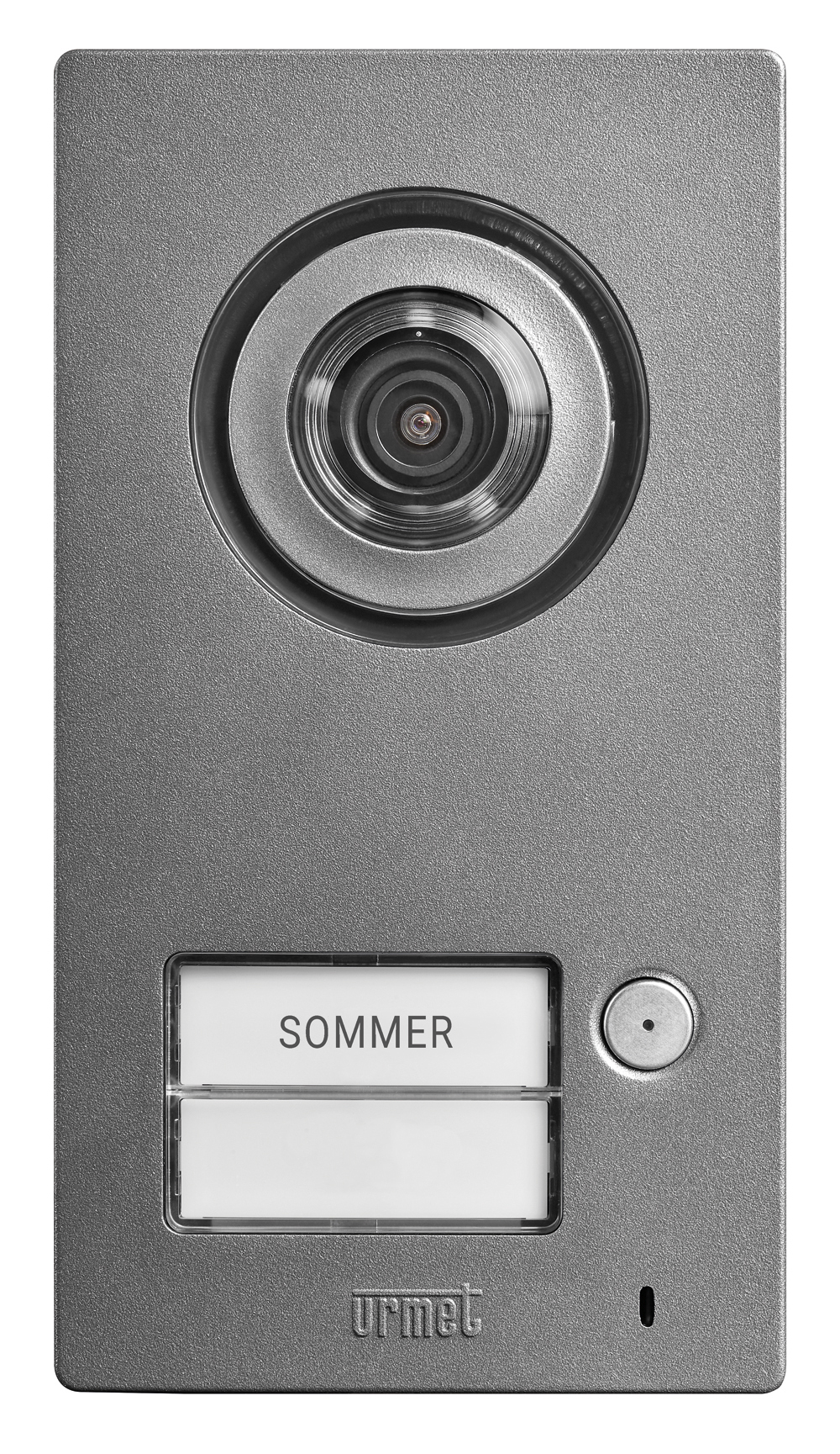 Graue Urmet Türstation mit großer Kamera, zwei Namensschildern, Klingeltaste rechts daneben und eingeprägtem Urmet-Logo.