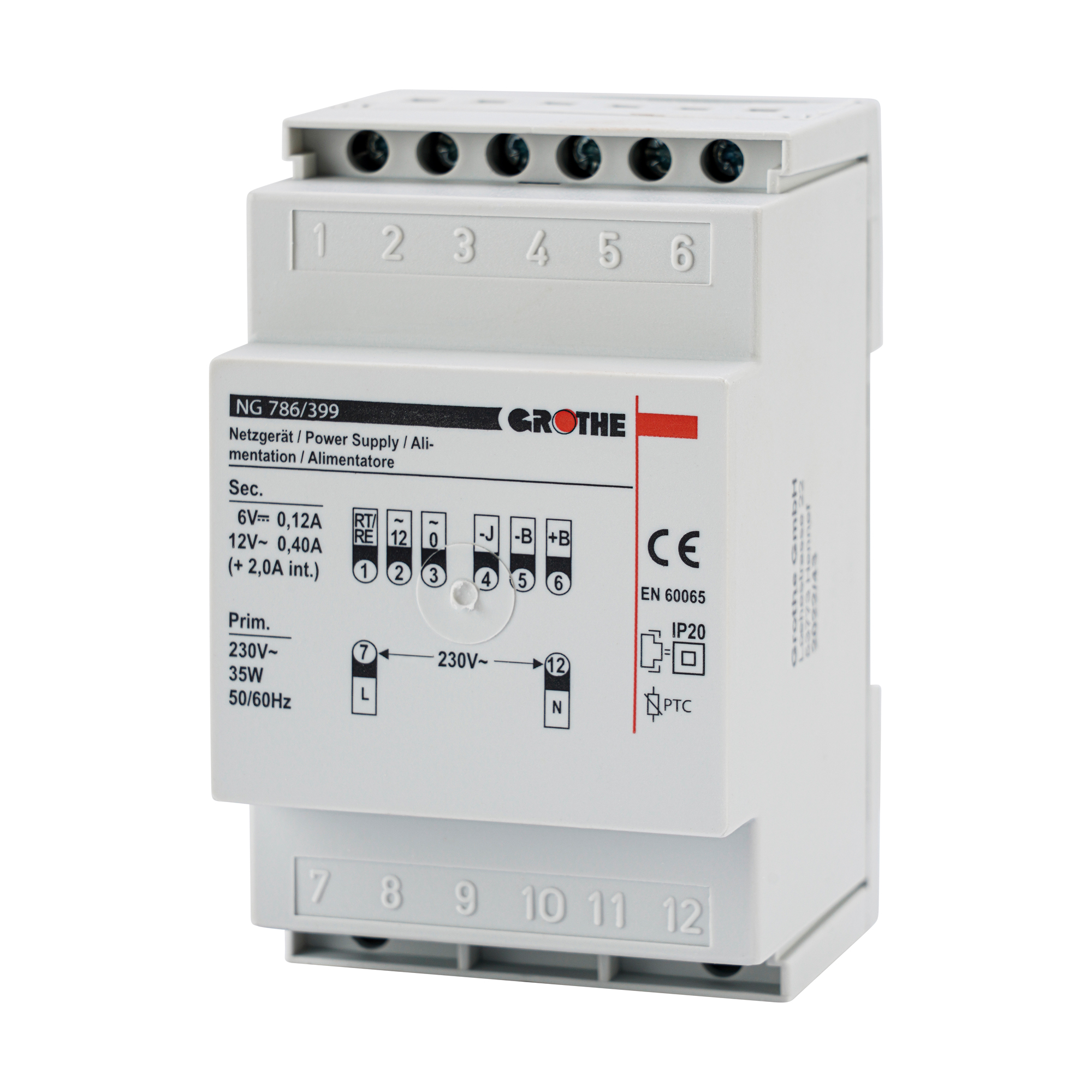 Weißes Netzgerät mit Grothe-Logo, Beschriftung zu Ein- und Ausgängen, Klemmenreihe oben und unten, leicht schräge Ansicht.