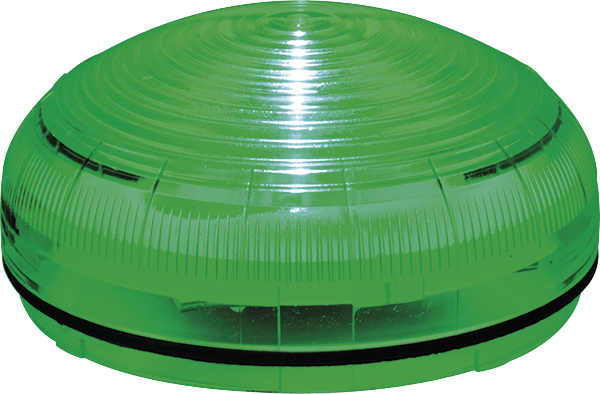 Kompakte LED-Warnleuchte mit grüner Haube und horizontalen Leuchtringen