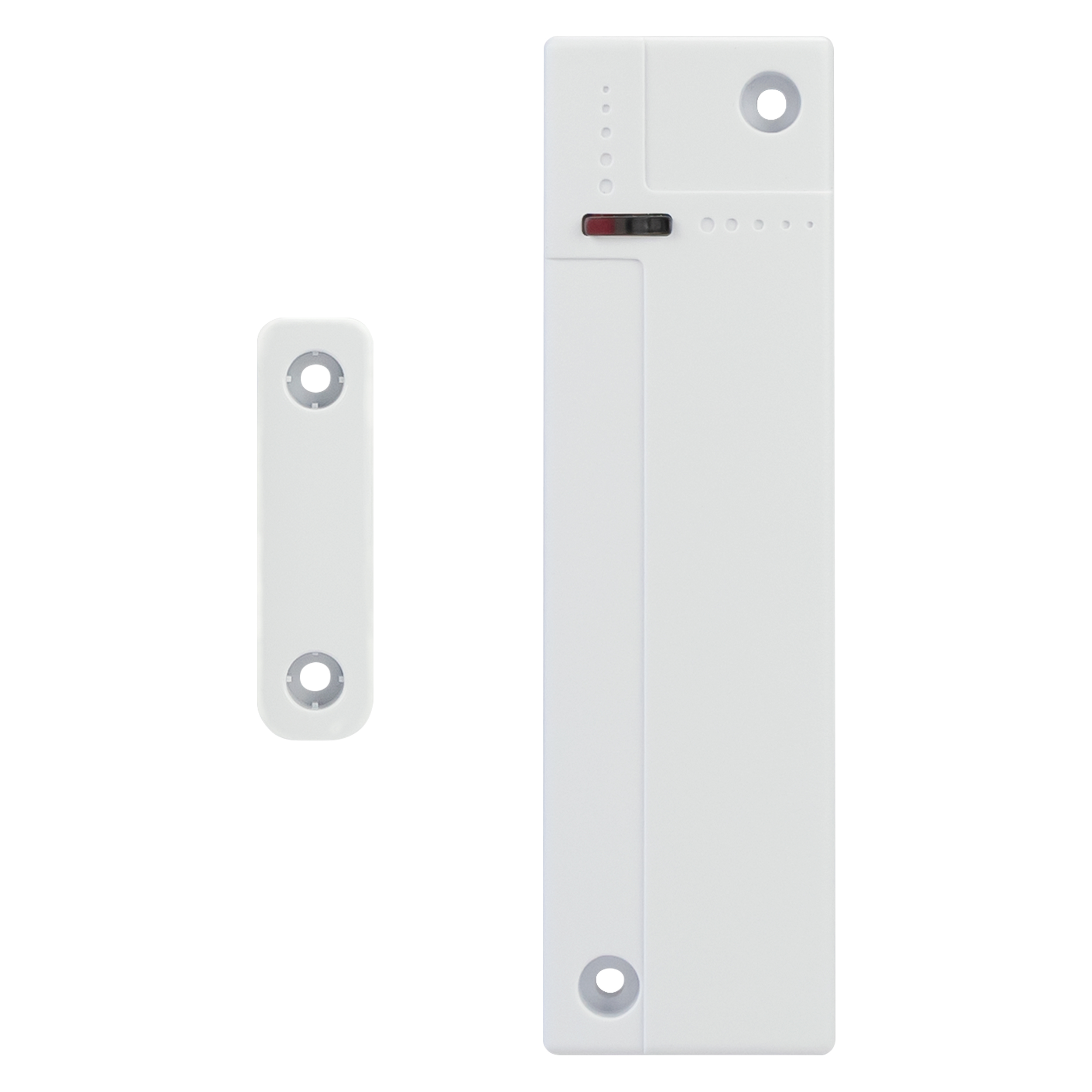 Weißer Funk-Magnetkontakt mit schmalem Sendergehäuse und passivem Magnetteil