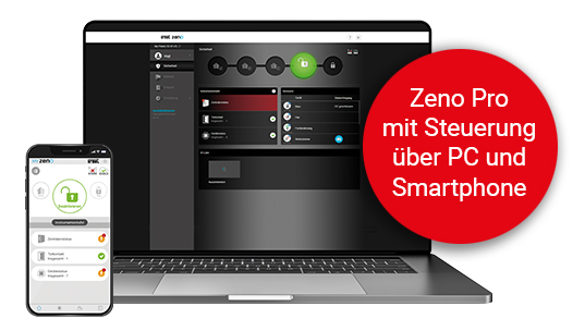 Laptop-Bildschirm und Smartphone-Display mit geöffneter Alarmanlagen-App; Schrift: "Zeno Pro mit Steuerung über PC und Smartphone"