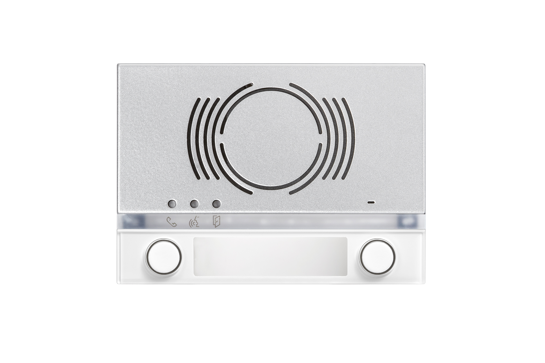 Silberne Audio-Türlautsprecher-Abdeckung mit runden Schlitzen, drei Status-LEDs, weißem Unterteil, Namensfeld und Tastern.