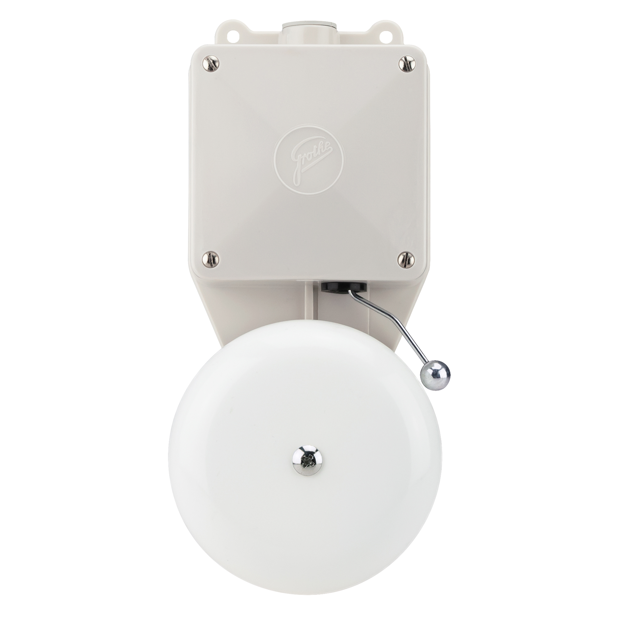 Großläutewerk mit grauem Gehäuse und weißer Rundglocke, frontal mit sichtbarem Klöppelarm fotografiert