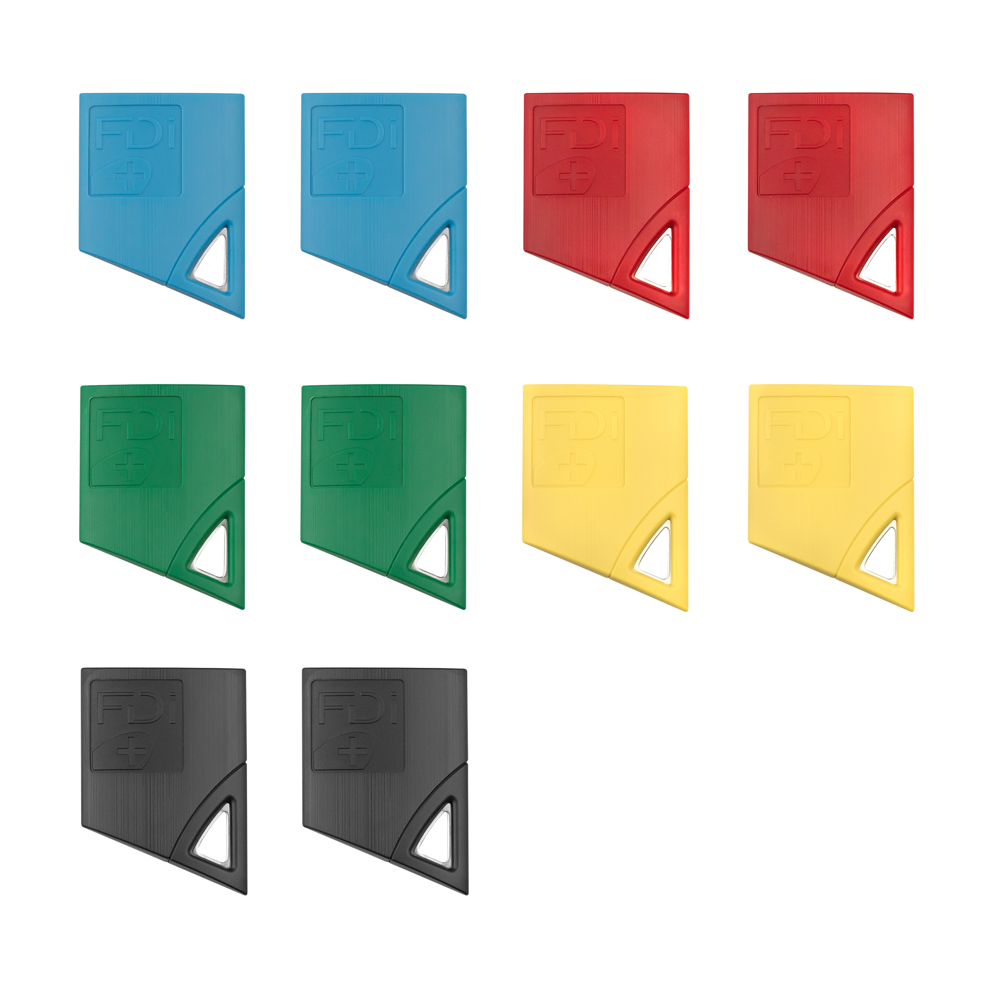 Set aus zehn Näherungsschlüsseln in Blau, Rot, Grün, Gelb und Schwarz, jeweils mit silberner Öse.