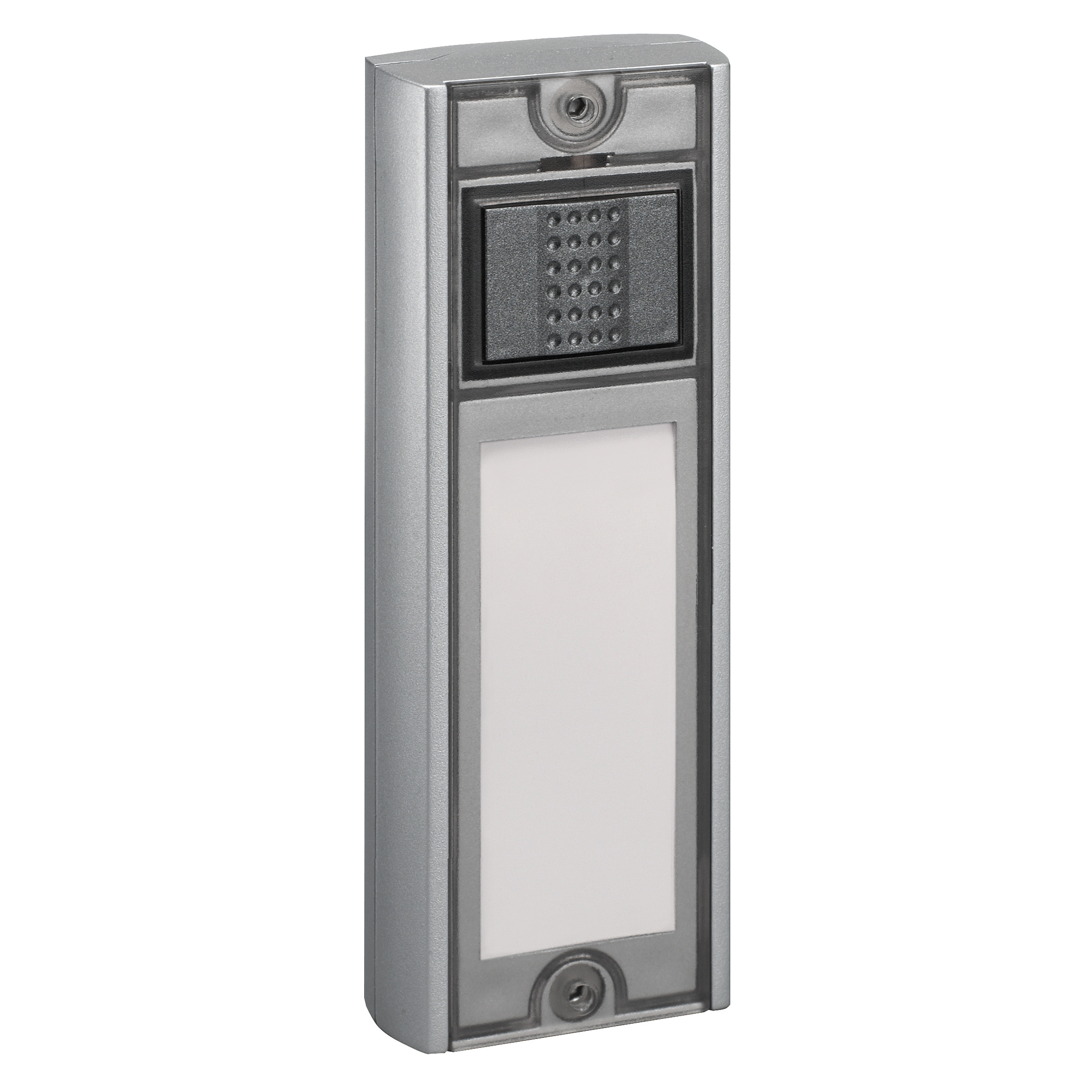 Silberner Funksender mit grauer Drucktaste und großem Namensschild, leicht schräge Frontalansicht.