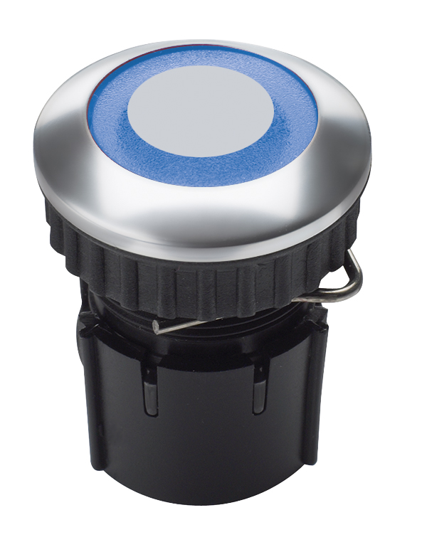 Runder Klingeltaster mit blauem LED-Ring, silberner Rand, schwarzes Gehäuse, schräge Frontalansicht.
