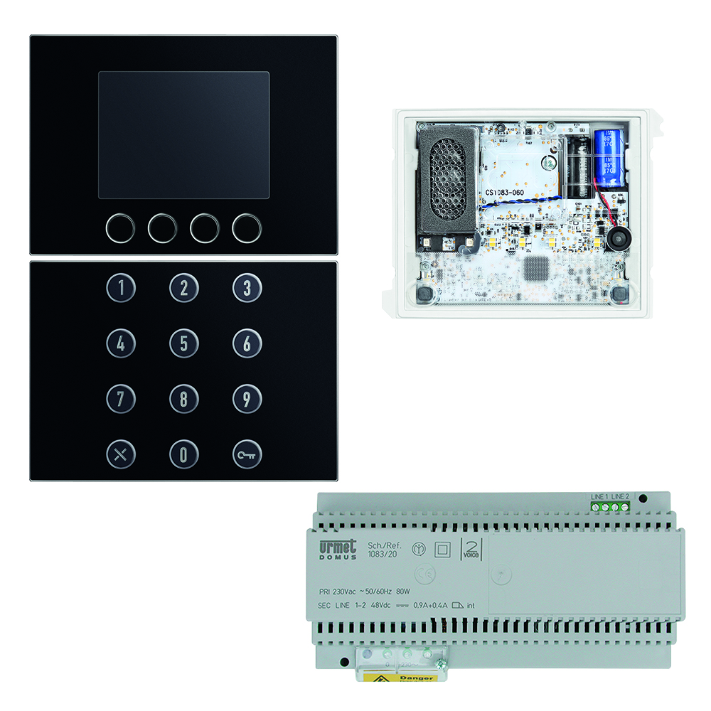 Audio-Türlautsprechermodul, schwarzes Display-Modul, numerisches Tastatur-Modul und graues Netzgerät als Komplettset.