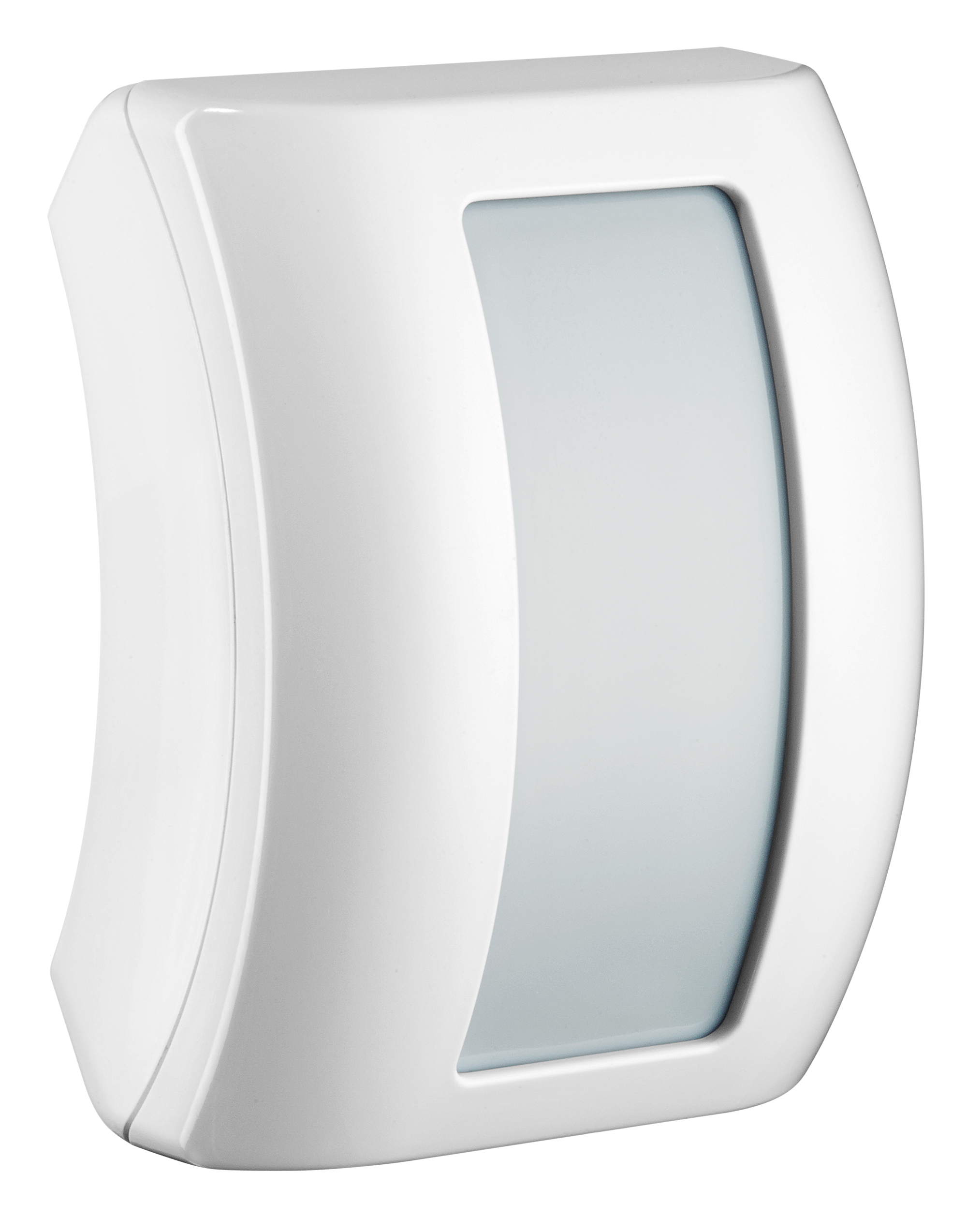 Weißer Bewegungsmelder mit elegant geschwungenem Gehäuse und großflächiger Sensorlinse