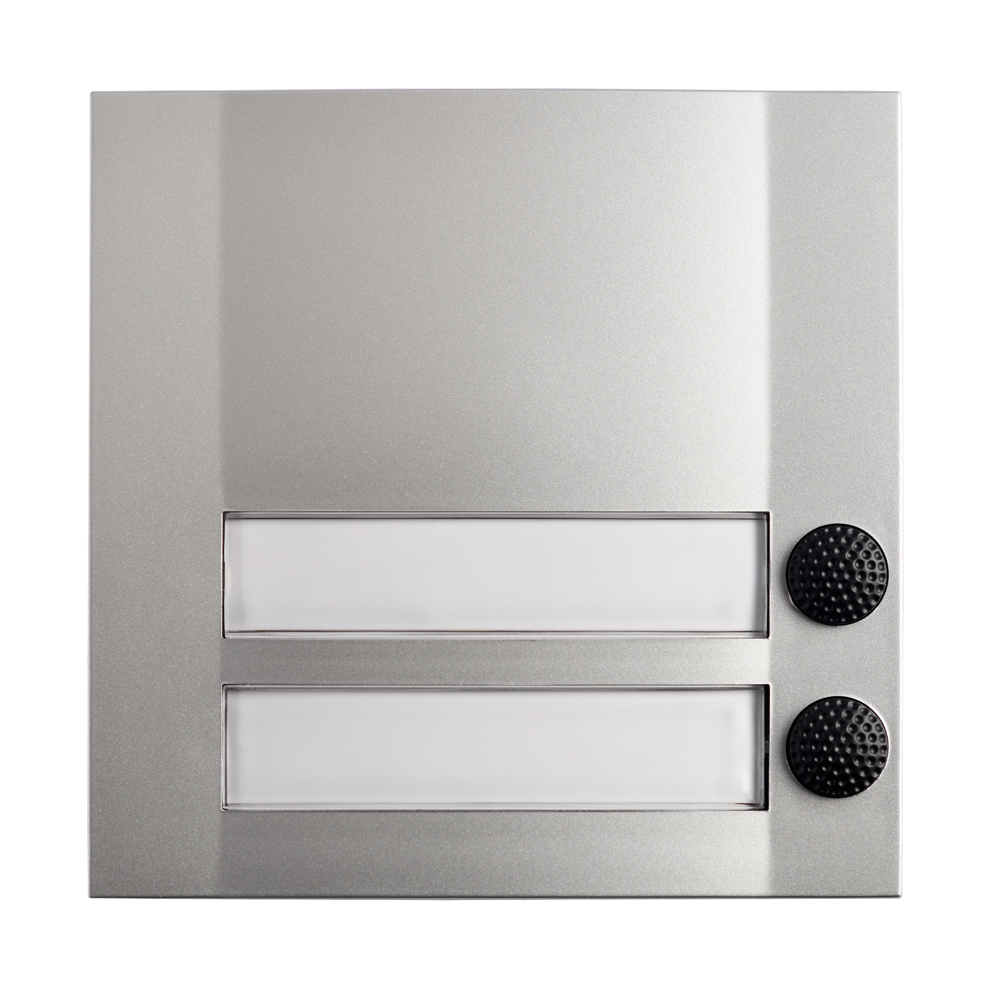 Klingelplatte in Metalloptik mit zwei beleuchtbaren Namensfeldern und zwei schwarzen, strukturierten Klingeltastern rechts.