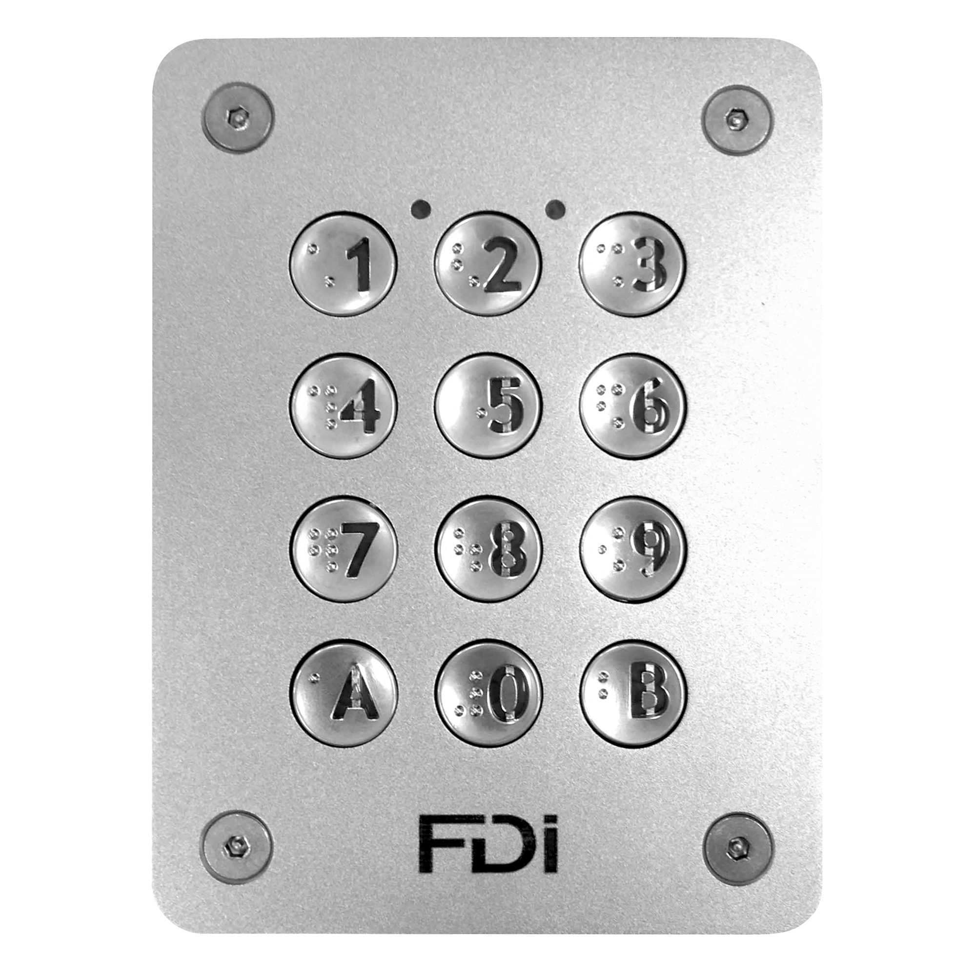 Silbernes FDI Codeschloss mit 12 runden Metalltasten, Zahlen 0–9 sowie A und B, alle Tasten mit Braille-Markierung.