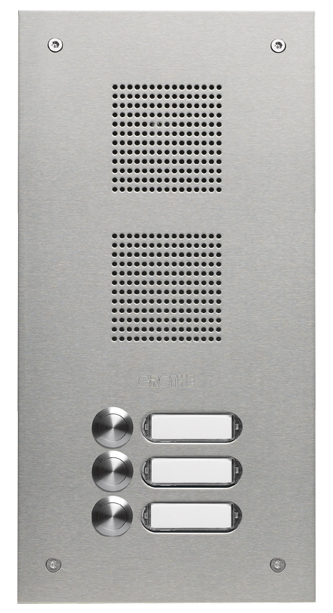 ROBUSTA Edelstahl-Türstation mit Namensschildern und Klingelknöpfen in einer Reihe; darüber ist das Lautsprechergitter zu sehen