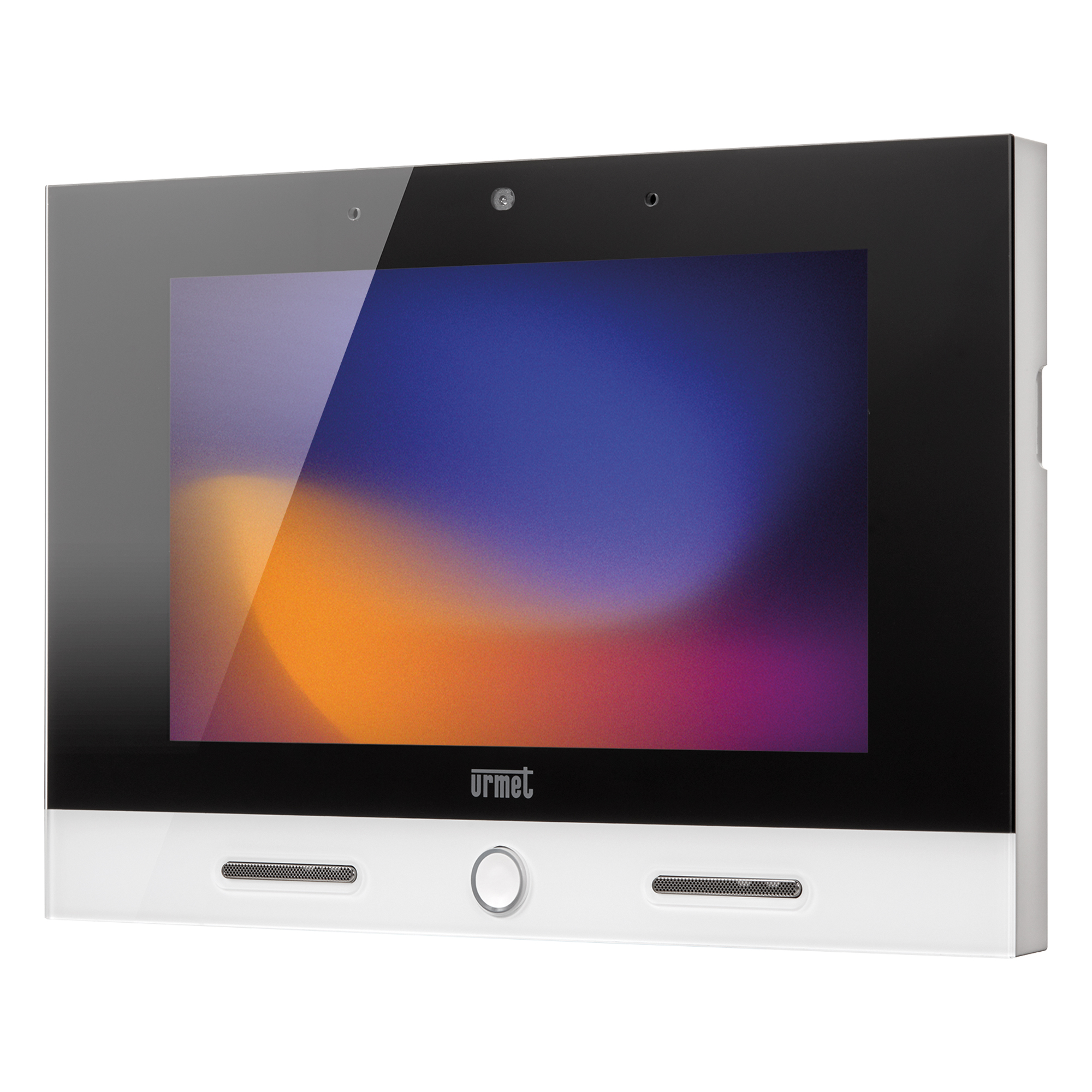 Videomonitor mit schwarzer Front, farbigem Display, weißem Rahmen, Rundtaste und Lautsprechergittern, schräge Seitenansicht.