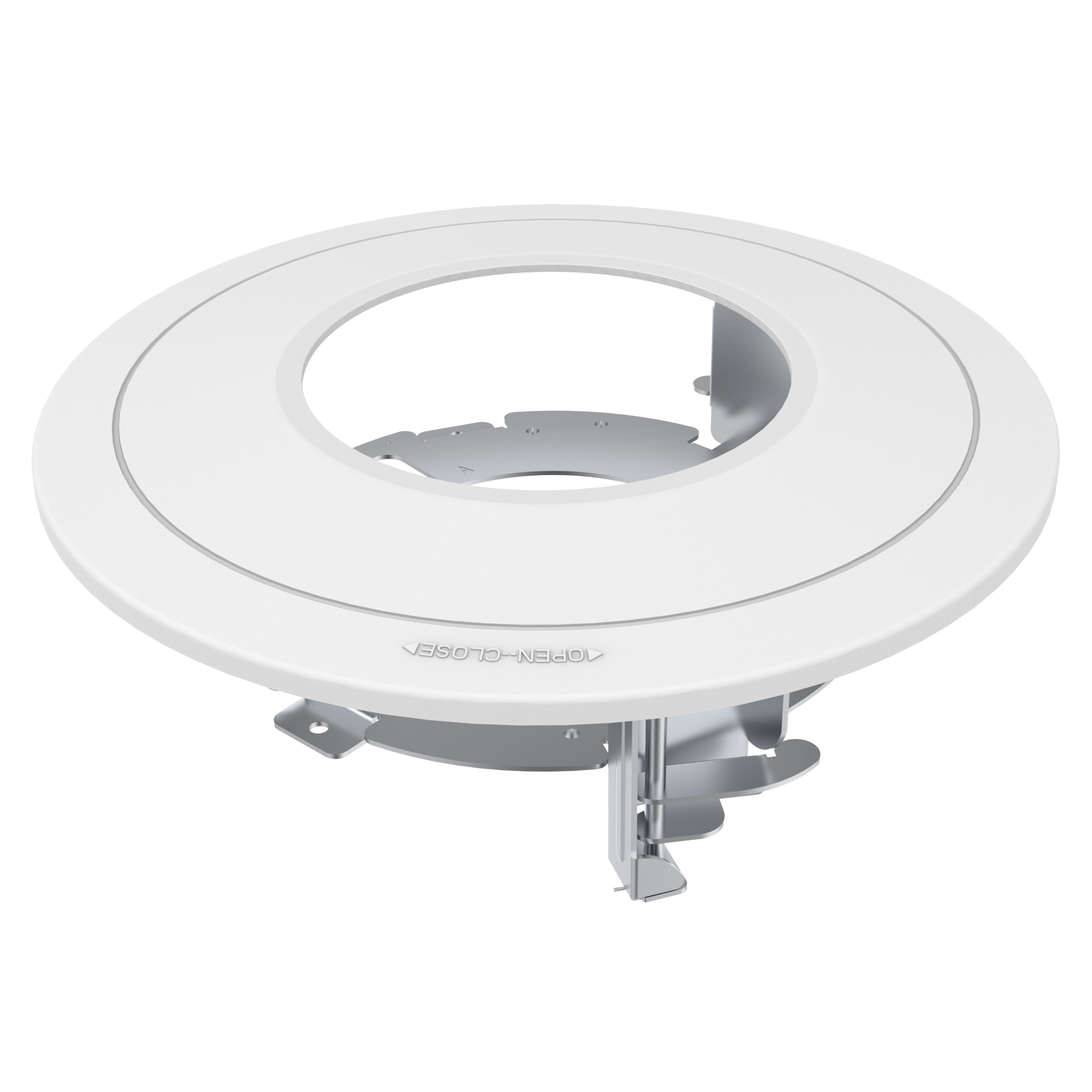 Runder Deckenmontagering mit OPEN–CLOSE-Markierung, Sicht von schräg unten mit sichtbaren Befestigungslaschen