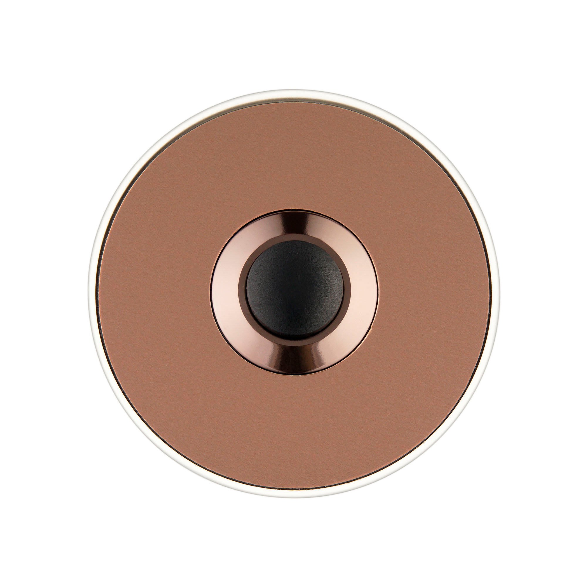 Runde Klingelplatte in Kupferoptik mit mittigem schwarz glänzendem Drucktaster, weißer Rahmen, Frontansicht.