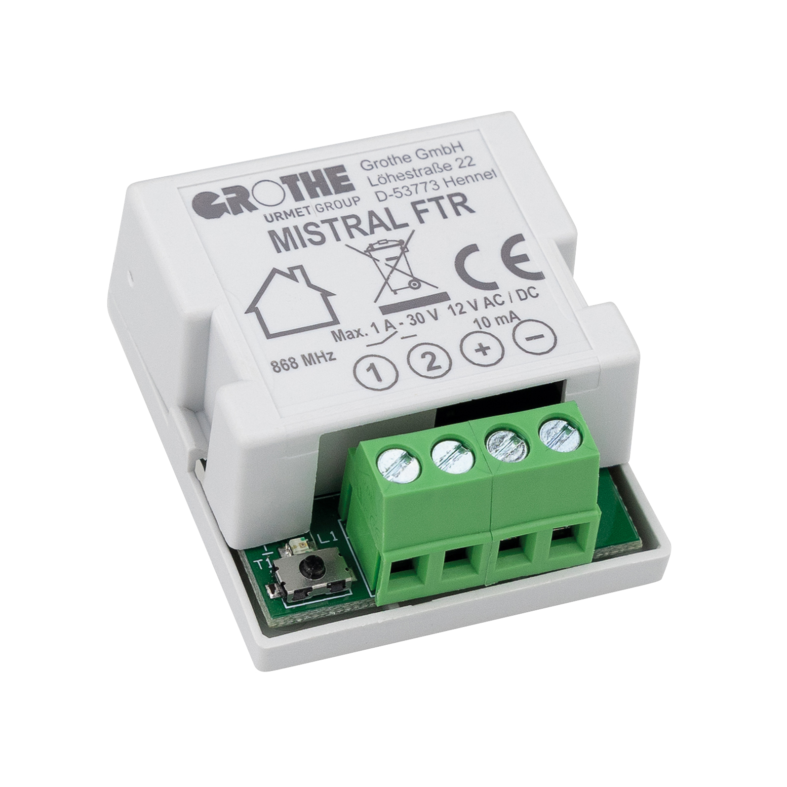 Funk-Türöffner-Relais MISTRAL FTR mit grüner Anschlussklemme, schwarze Gehäuseoberseite mit Bedruckung, schräge Ansicht.