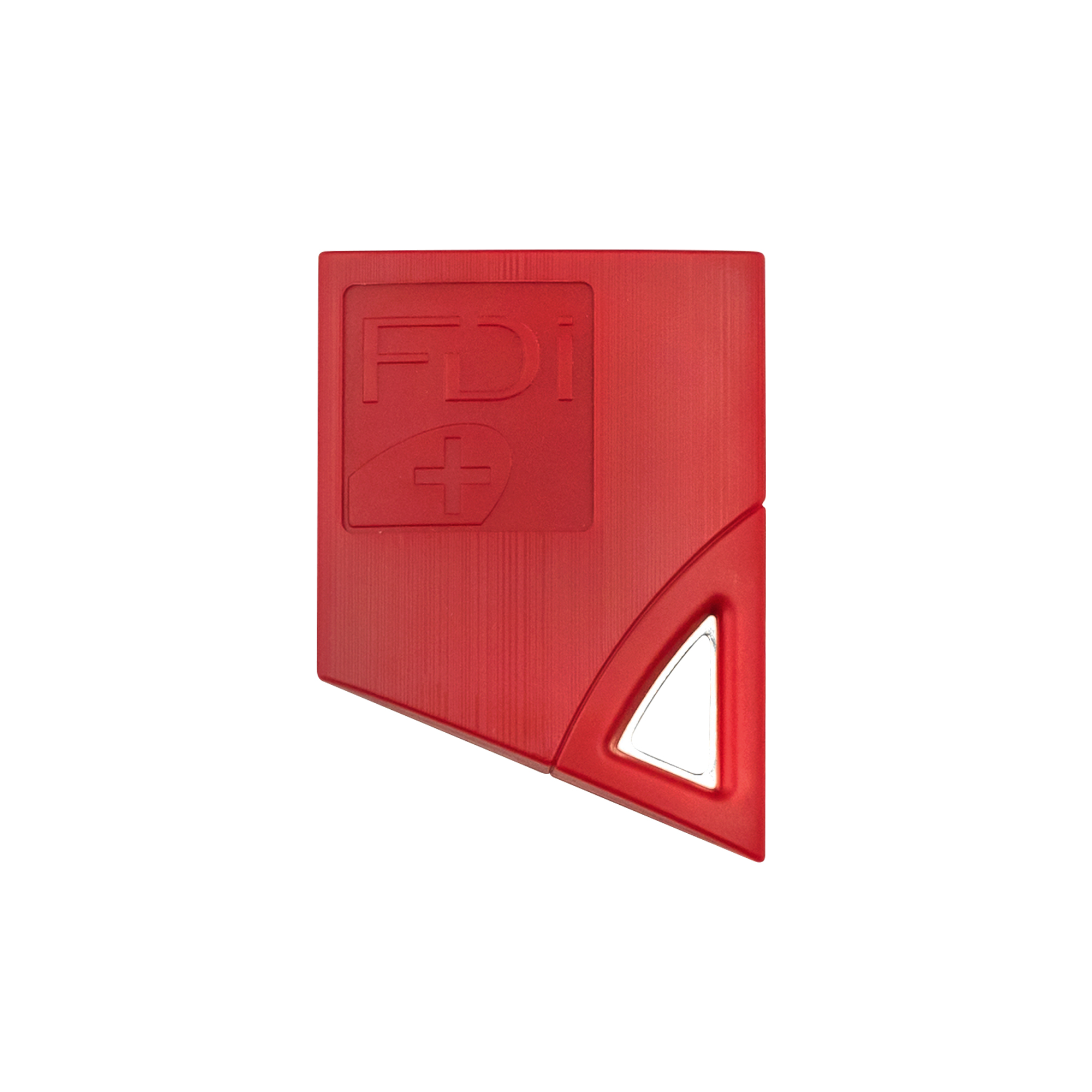 Roter FDI-Näherungsschlüssel in kompakter, abgeschrägter Form mit eingeprägtem Logo und kleiner silberner Metallöse.