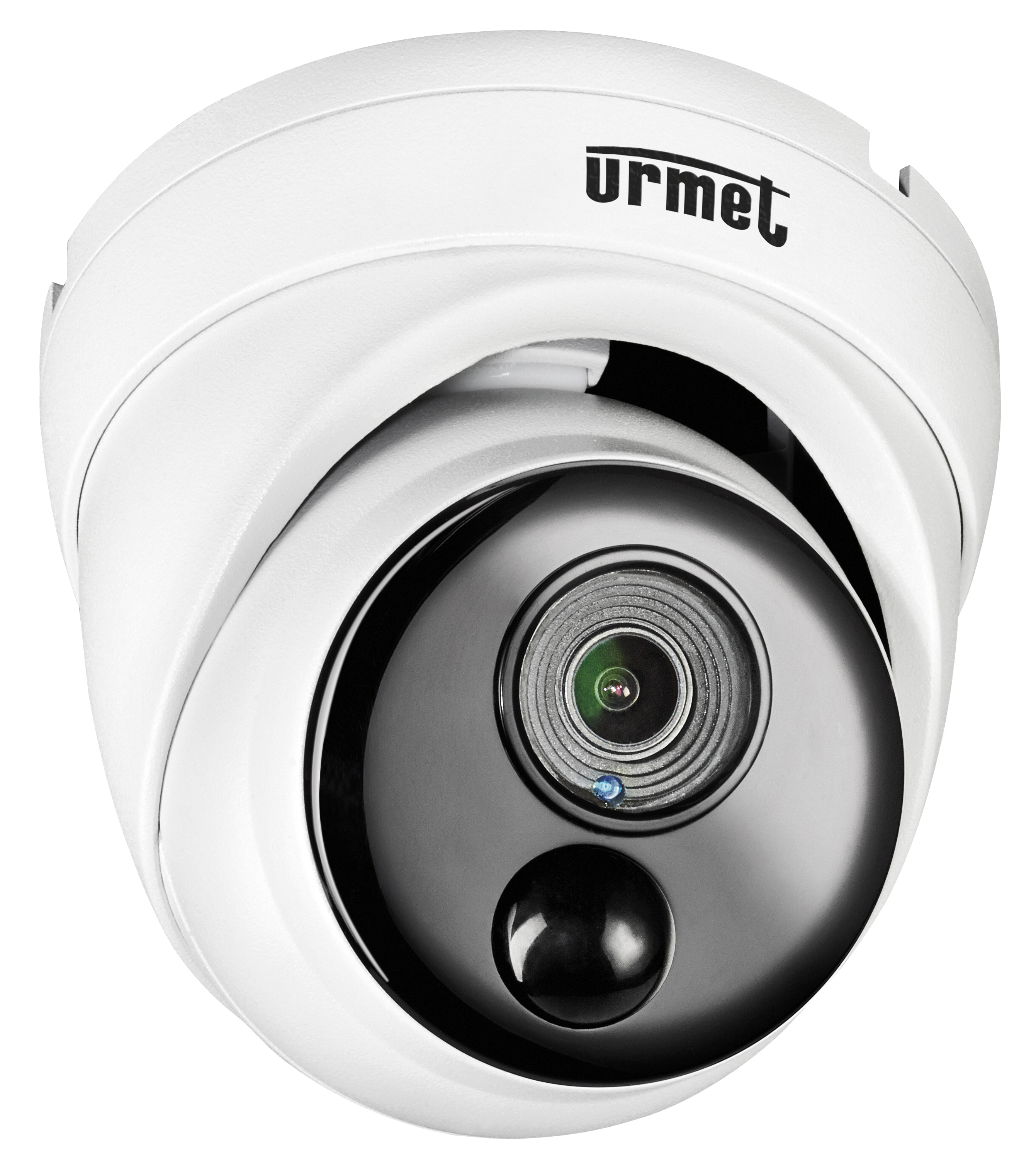 Weiße Urmet Dome-Kamera mit kompakter Kuppelform, großer Objektivöffnung und integrierter Infrarot-Nachtsichtfunktion.