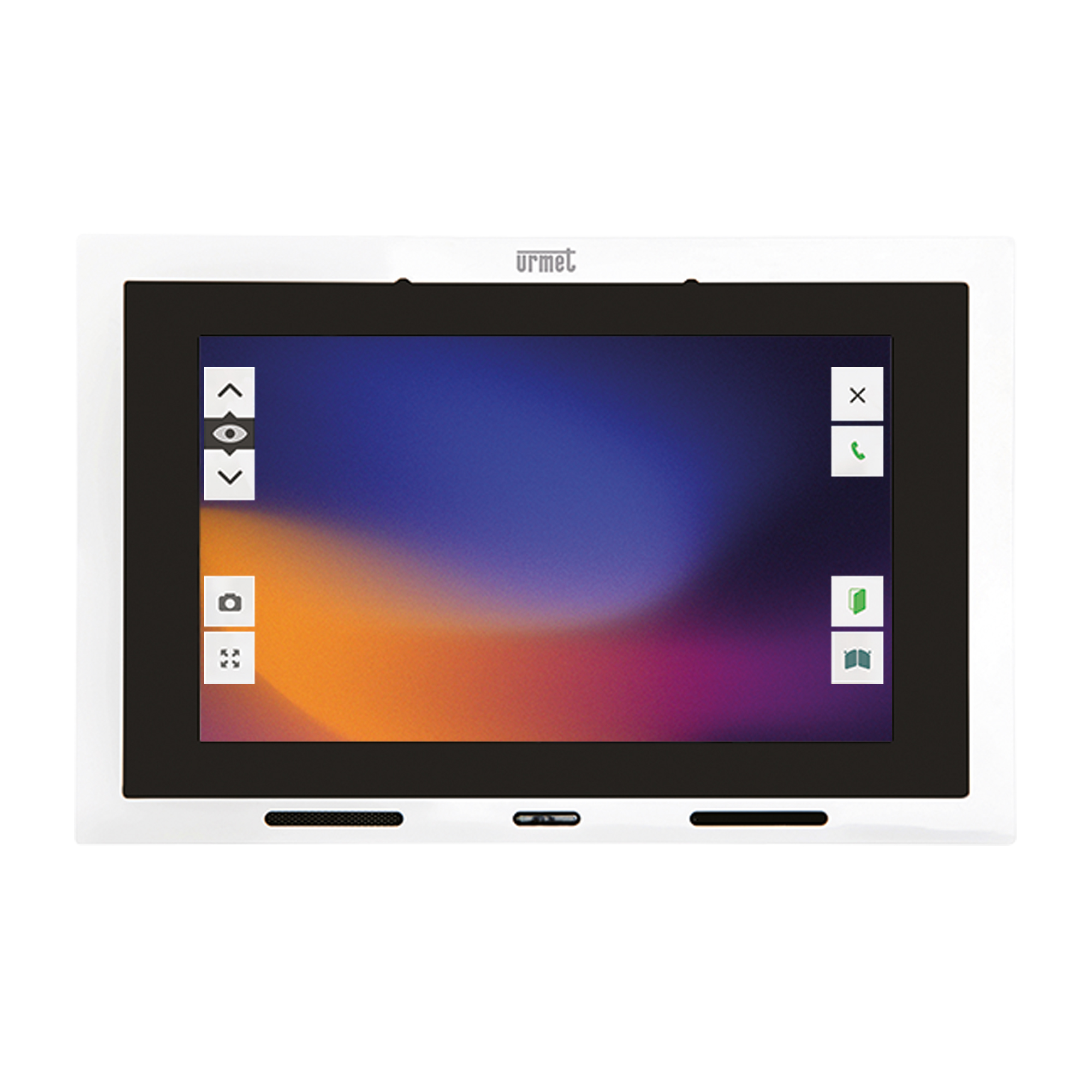 Weißer Videomonitor mit großem Farbdisplay und Touch-Bedienfeldern an den Seiten für komfortable Türkommunikation.