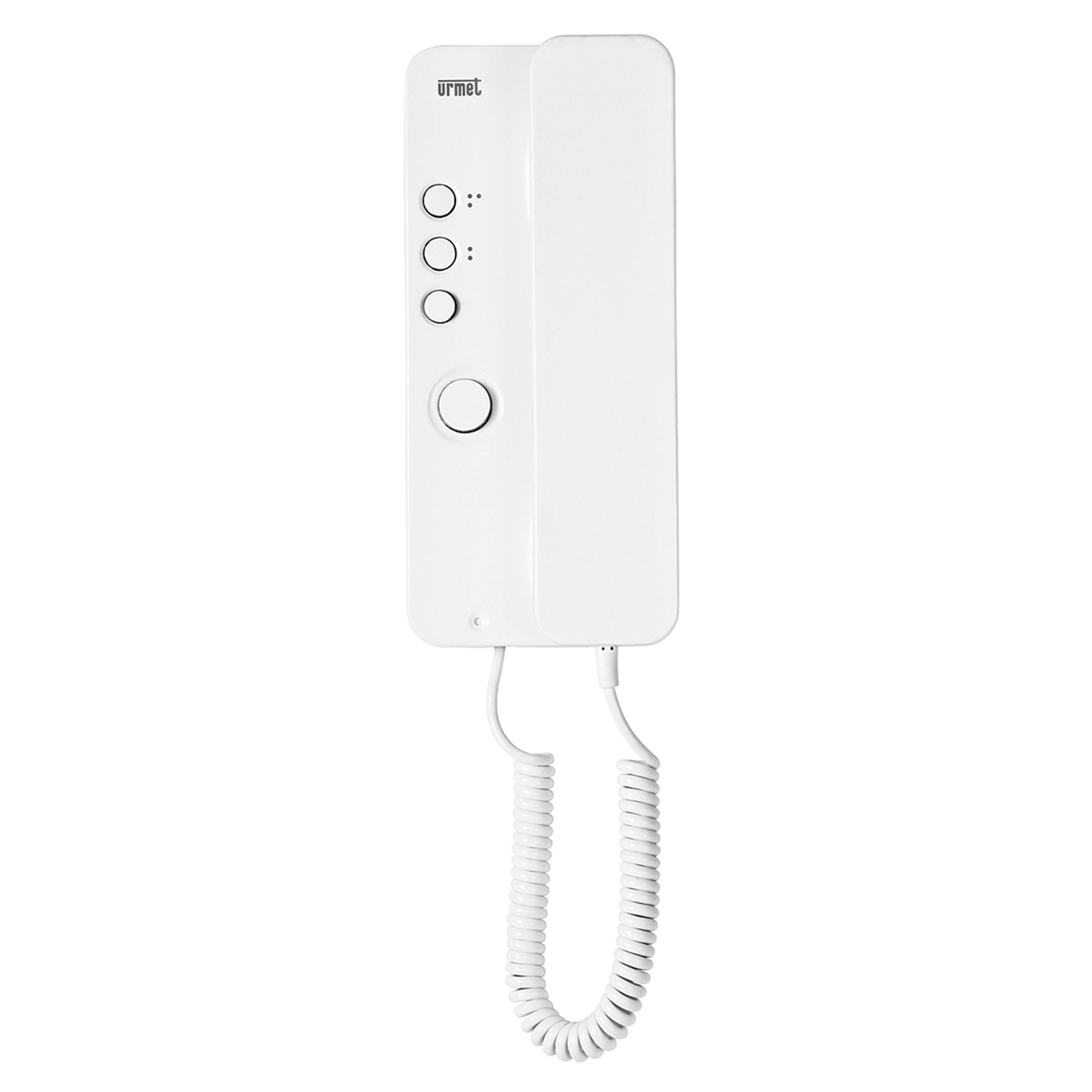 Weißes Haustelefon mit vier runden Tasten und Spiralkabel, frontal abgebildet.