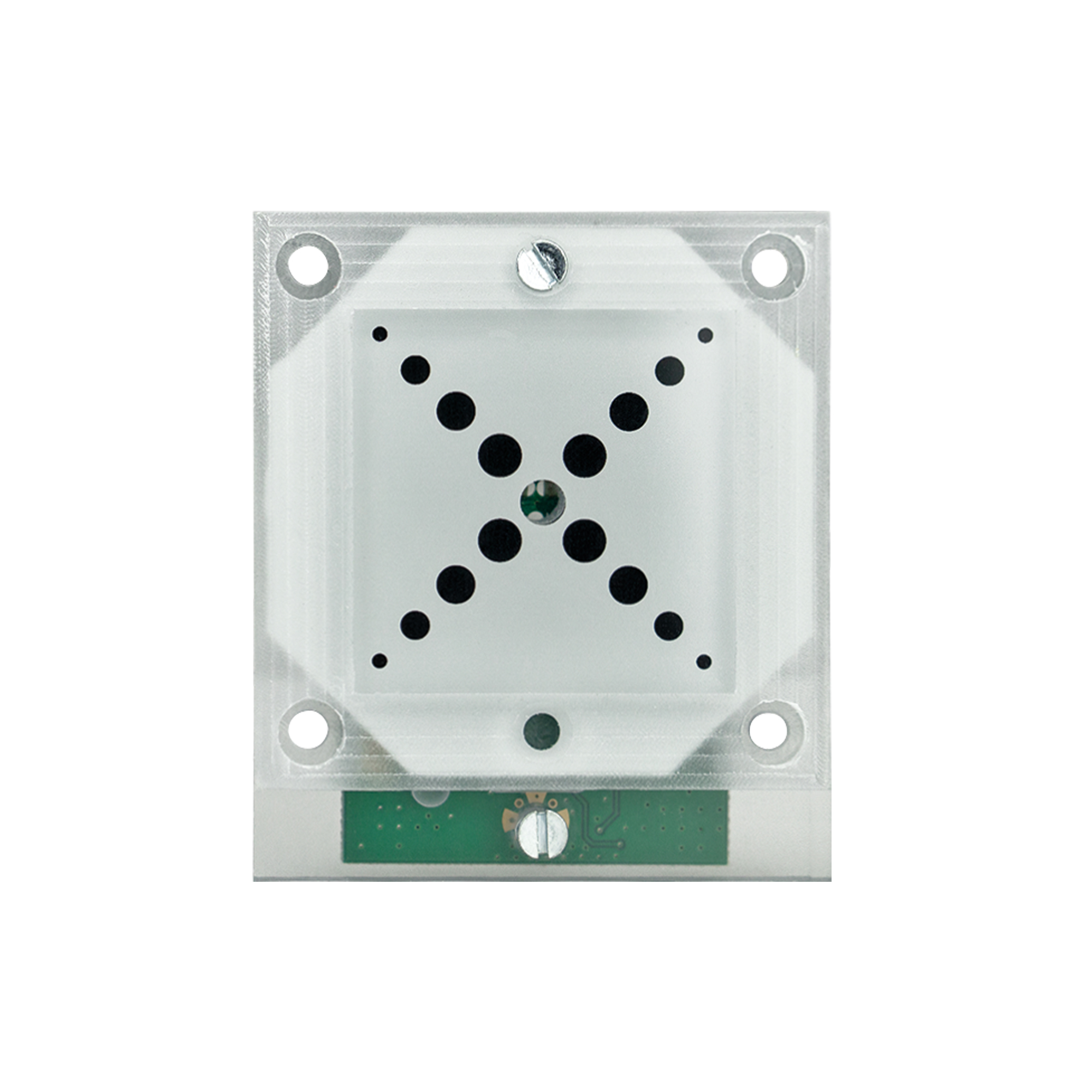 Quadratisches Lesegerät mit transparenter Frontplatte, schwarzen Punktmarkierungen in X-Form und vier Befestigungsöffnungen.