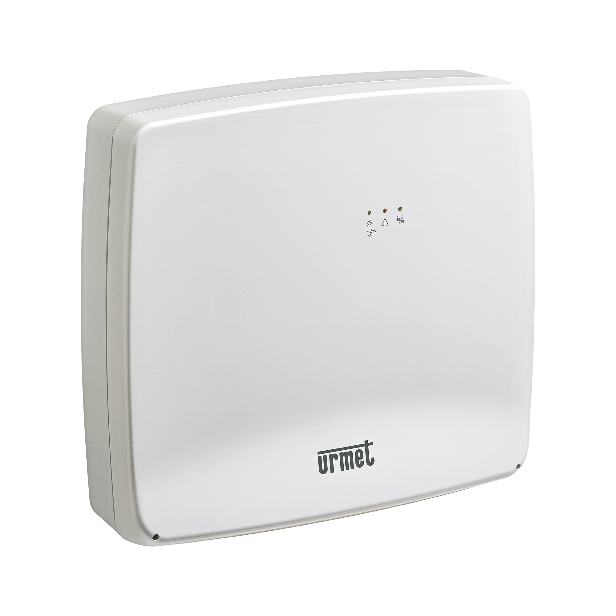 Weiße, drahtgebundene Alarmzentrale von Urmet mit drei Status-LEDs auf der Vorderseite zur Systemanzeige.