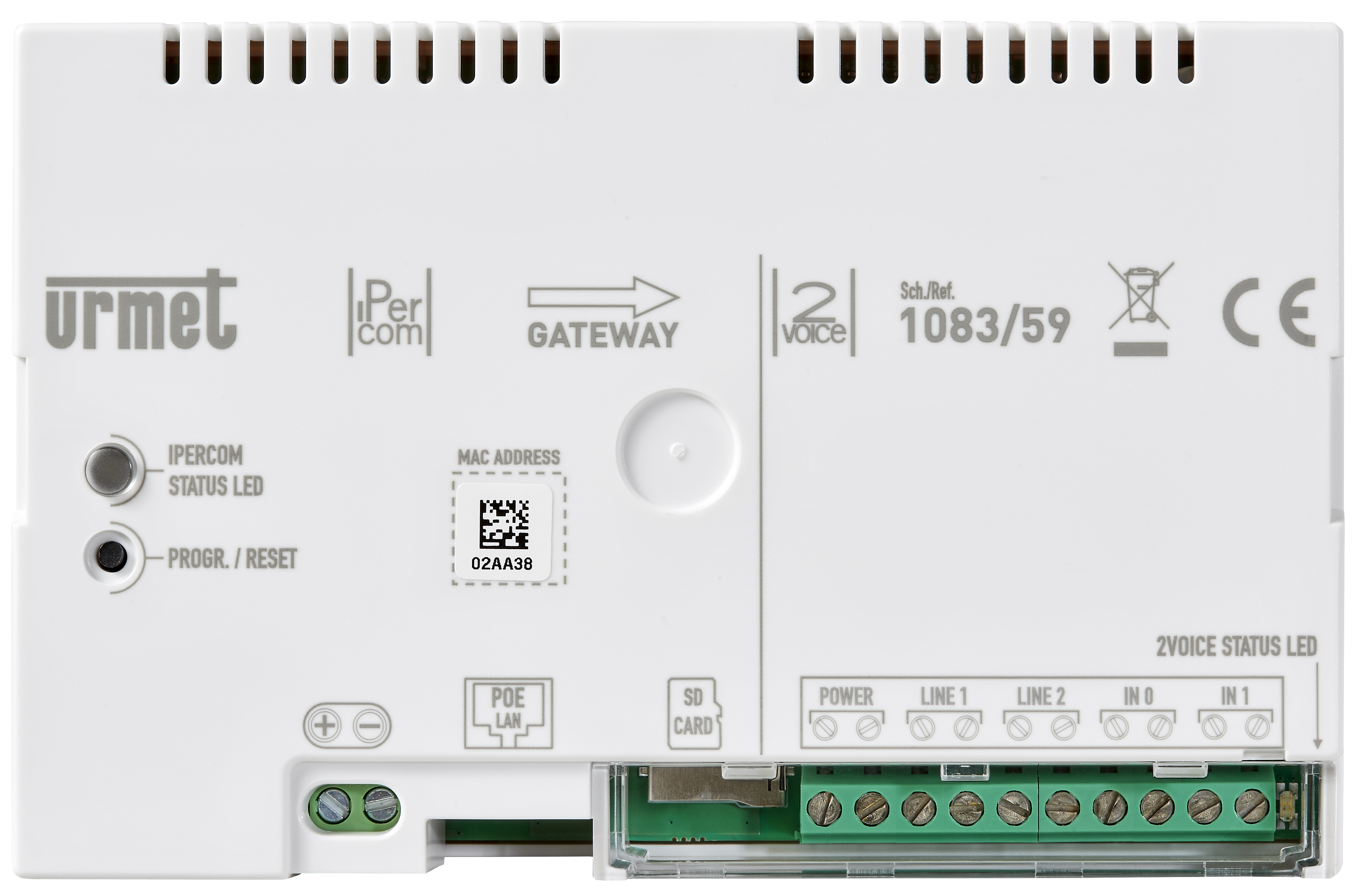 Weißes Gateway-Modul mit seitlichen Lüftungsschlitzen, Tasten für Reset und Status-LED sowie grüner Anschlussleiste unten.