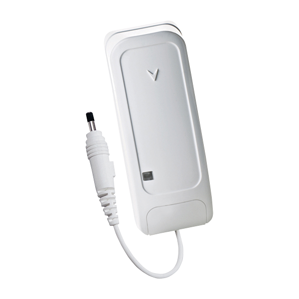 Weißer, länglicher Funk-Wassermelder mit angeschlossenem Sensorkabel und Stecker.