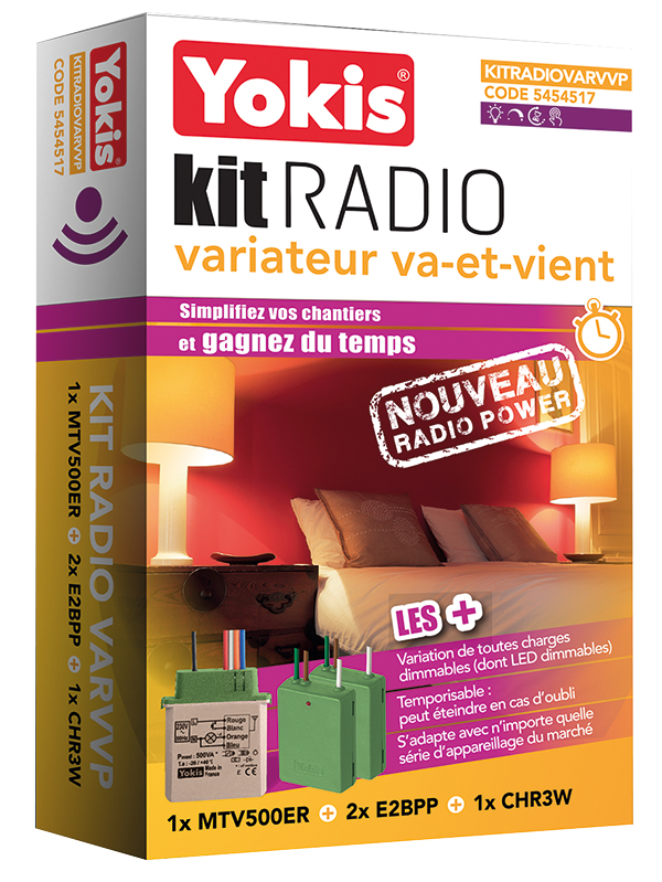 Yokis Funk-Dimmer-Set mit Dimmermodul, zwei Funkempfängern und fünf Verbindungskabeln.