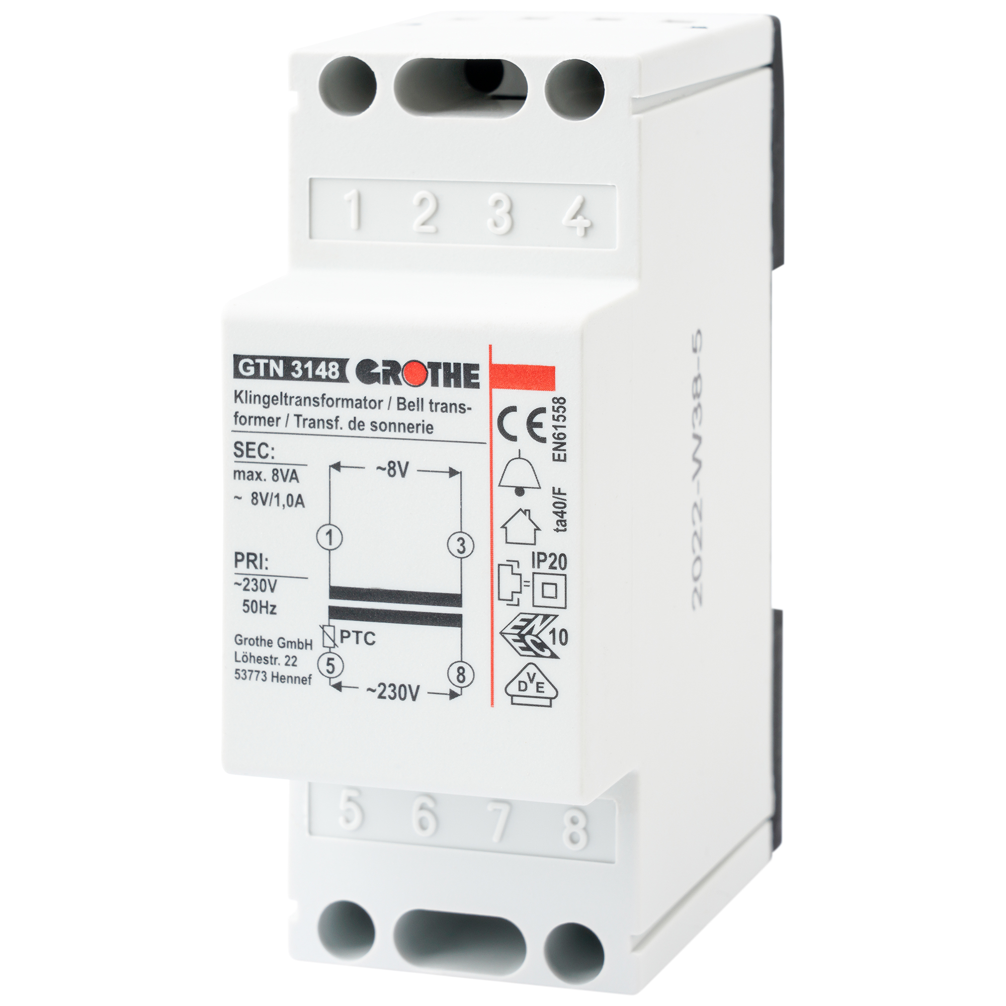Weißer Grothe Klingeltransformator GTN 3148 mit schwarzer Schaltgrafik, Klemmenfelder oben und unten sichtba
