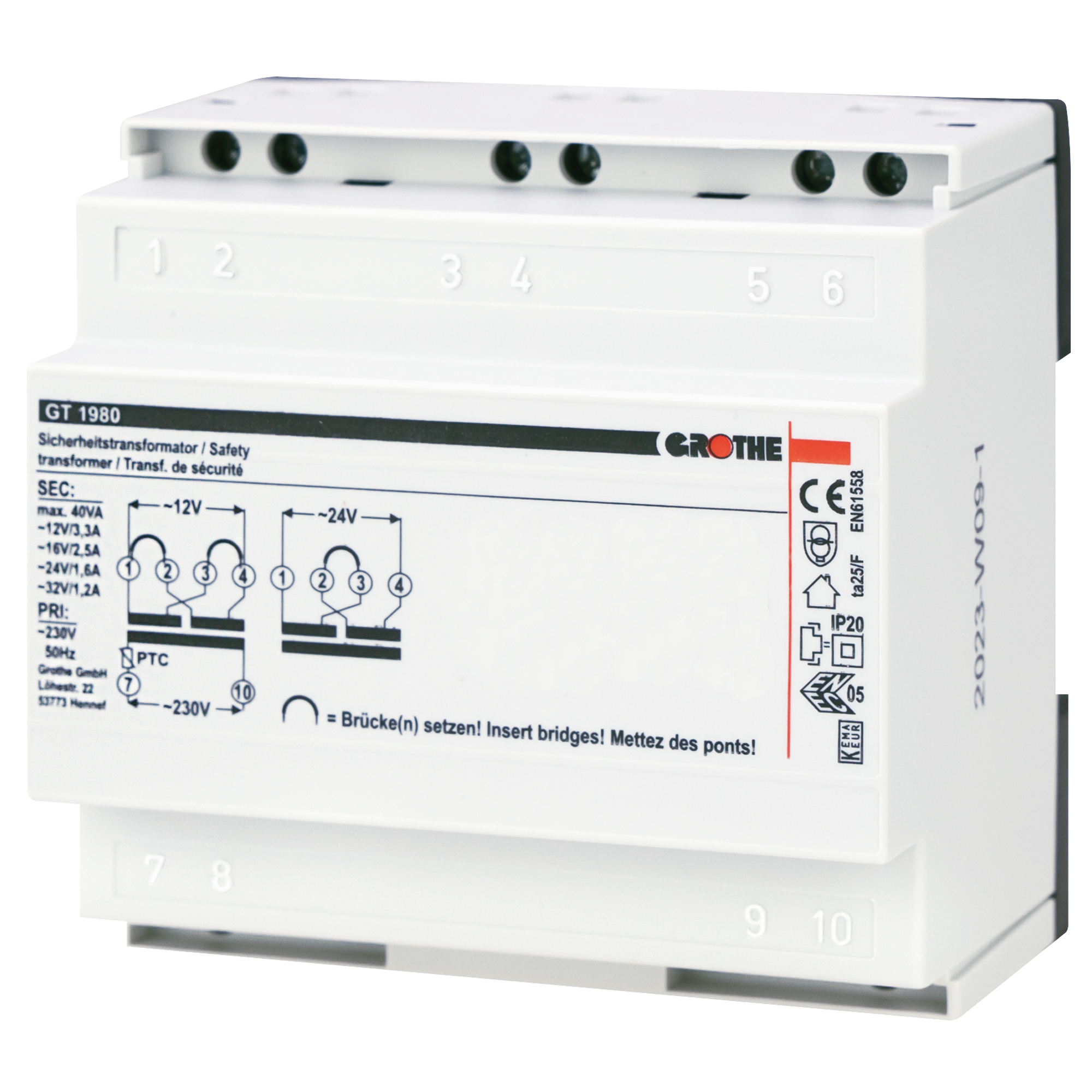 Weißer Grothe Sicherheitstransformator GT 1980 mit reduzierter Anschlussgrafik, sichtbare Klemmen oben und unten