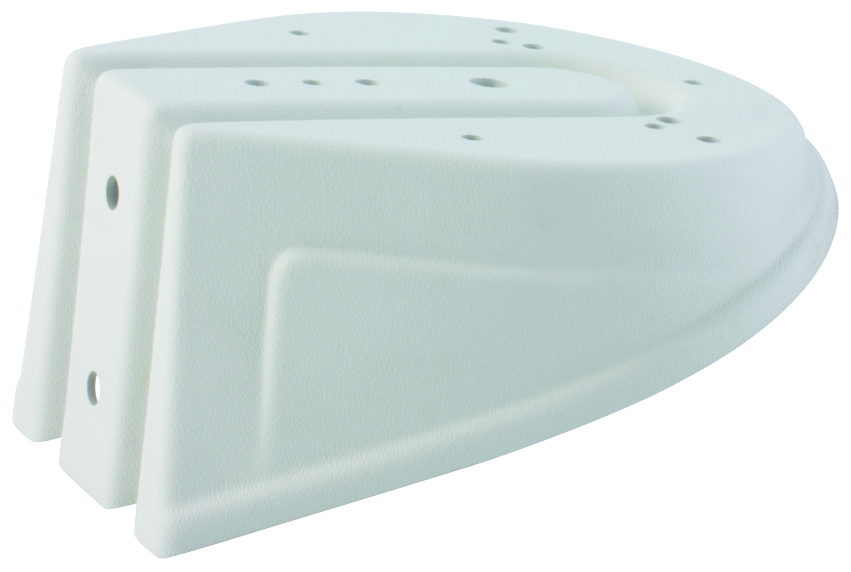 Weiße Wandkonsole mit abgerundeter Front und mehreren Montagelöchern, Sicht leicht von schräg oben