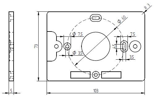 Rechteckiger weißer Montageadapter mit runder mittlerer Öffnung, zwei Metallgewinden und weiteren Montageaussparungen.