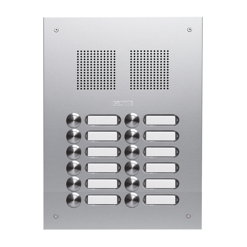 ROBUSTA Aluminium-Türstation mit Namensschildern und Klingelknöpfen in zwei Reihen; darüber ist das Lautsprechergitter zu sehen