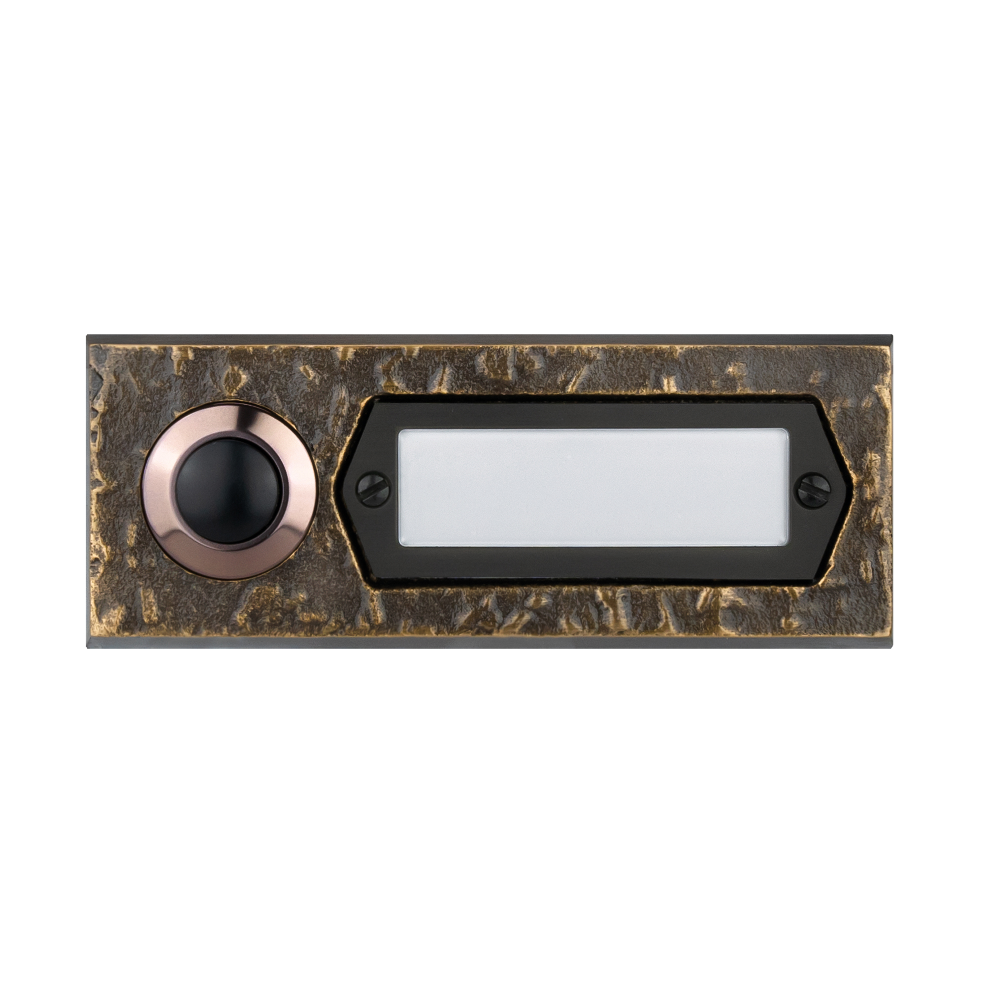 Etagenplatte mit bronzefarbener Hammerschlag-Oberfläche, rundem Ruftaster und sechseckigem Namensschild mit schwarzem Rahmen.