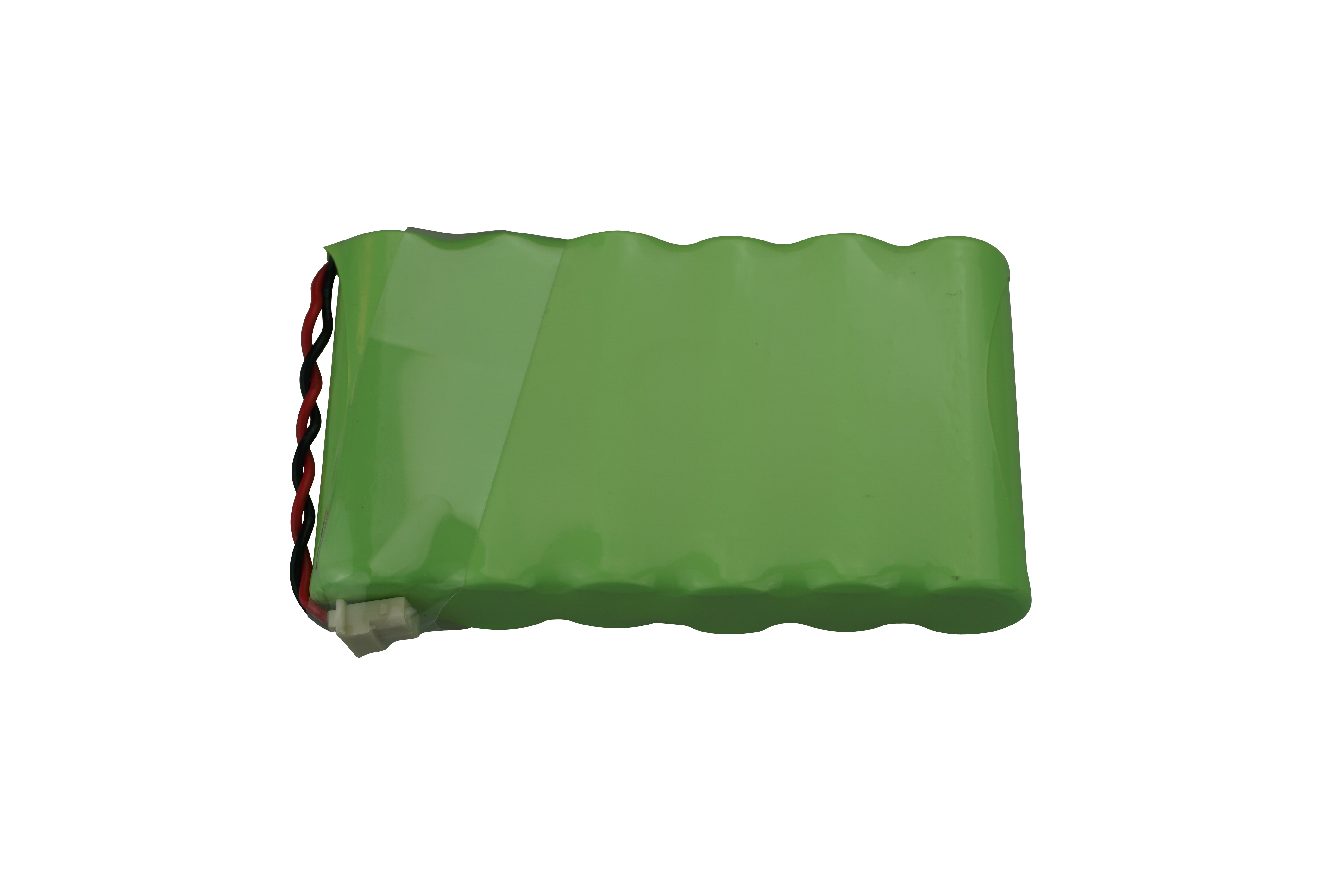 Grüner NiMH-Akku mit zwei Anschlusskabeln (rot und schwarz) und weißem Steckverbinder.