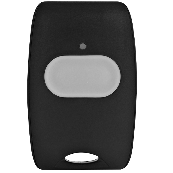 Schwarzer Paniktaster mit großer ovaler Druckfläche und LED-Anzeige oberhalb des Tasters.