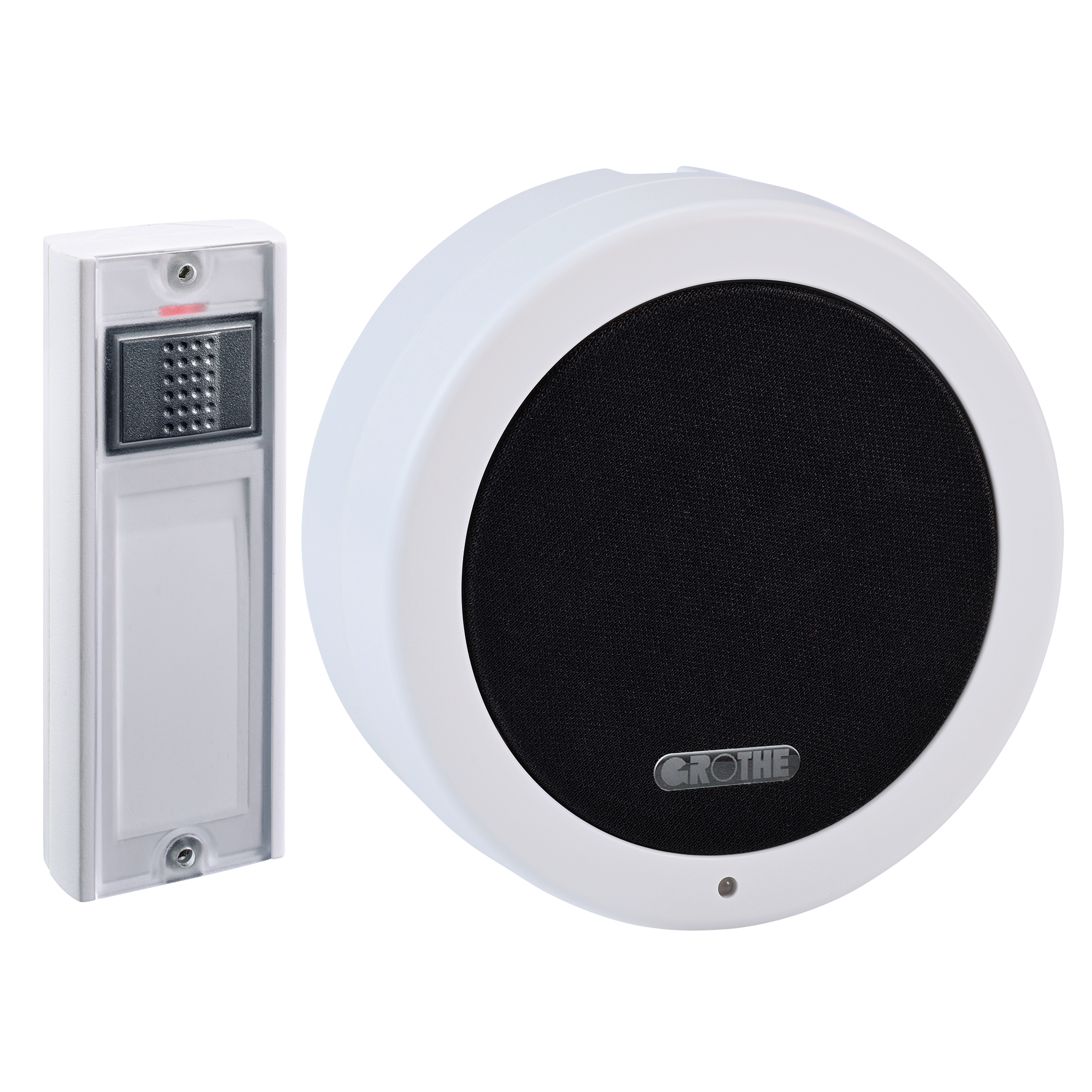 Funkgong-Set mit rundem, weißem Funkgong und rechteckigem, weißem Funksender, leicht schräg von vorne gezeigt.