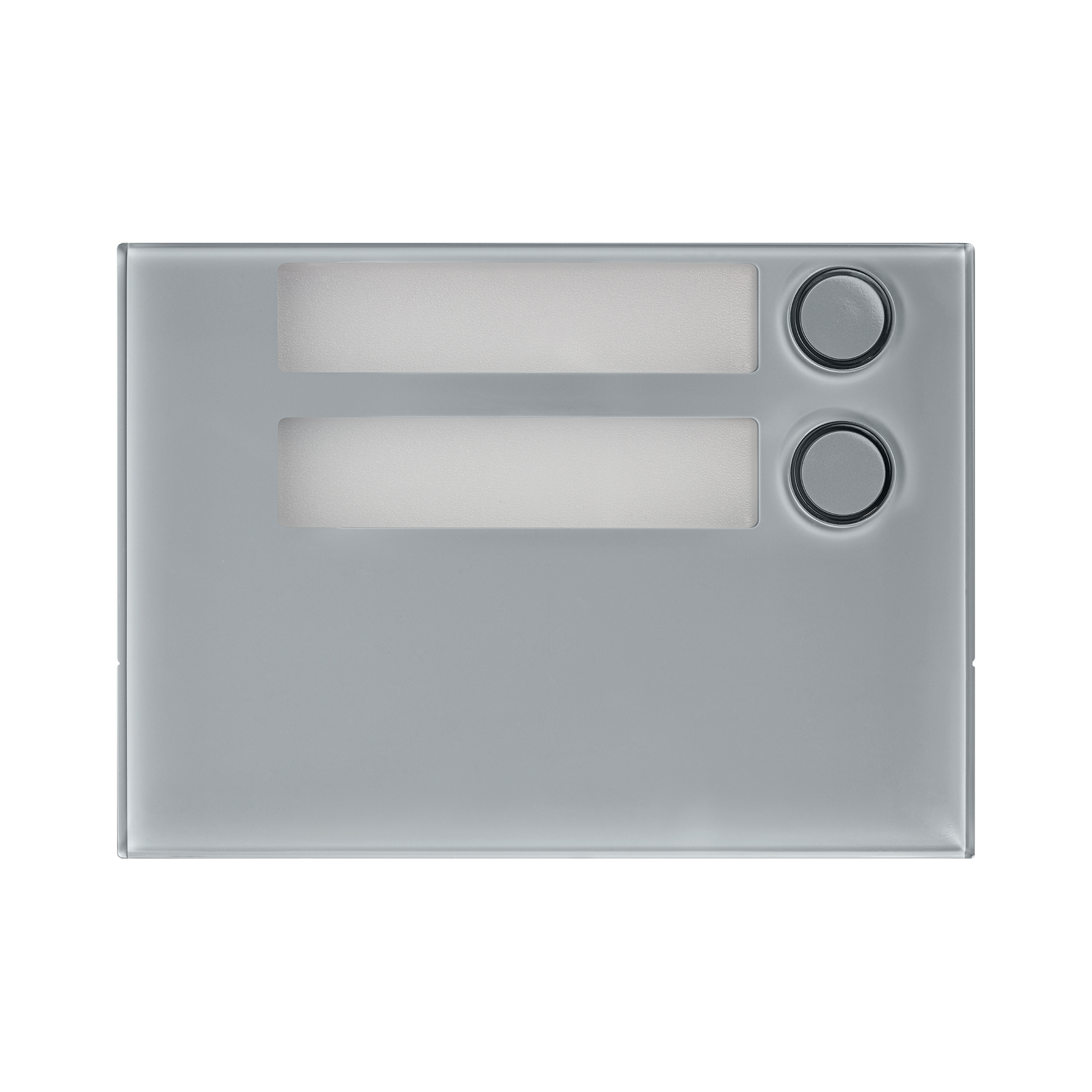 Graues Türstationsmodul mit zwei rechteckigen Namensschildern und rundem Klingeltastern rechts oben für klare Bedienung.